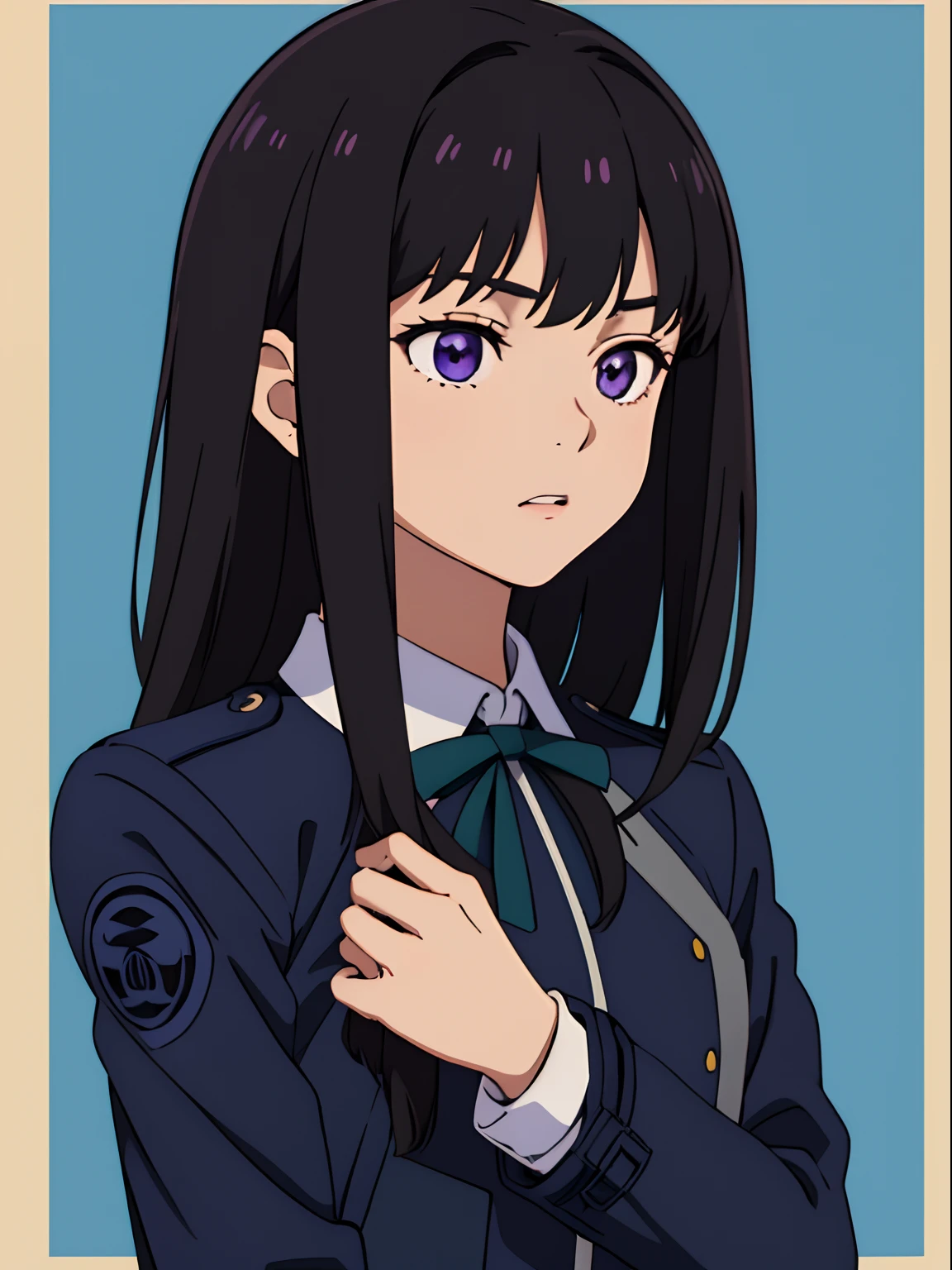 simple background、(masterpiece、top-quality:1.2)、((facing front:1.2))、With bangs、Young woman at 17 years old、((The upper part of the body:1.2))、Promotional Art、offcial art、Dark blue uniform、Y shirt、Green Tie Ribbon、bangss、A dark-haired、Purple eyes