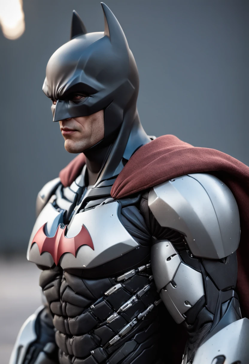 Batman wearing his traditional bat suit but with Spiderman's chest symbol and web pattern in white
