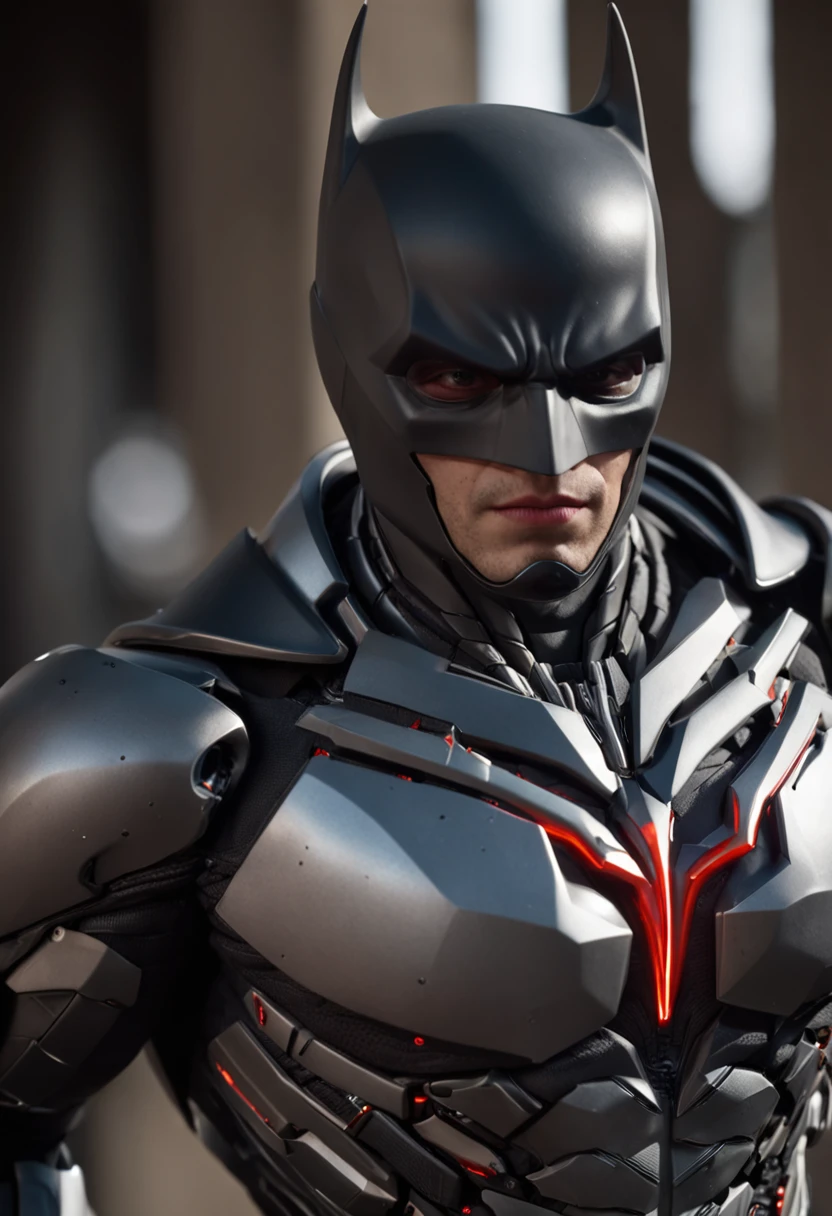 a Batman in cybernetic armor, ultra detalhado, cor vermelho . ::n_ desenho, Imperfection, baixa qualidade, boneco, jogo, anime, assinatura