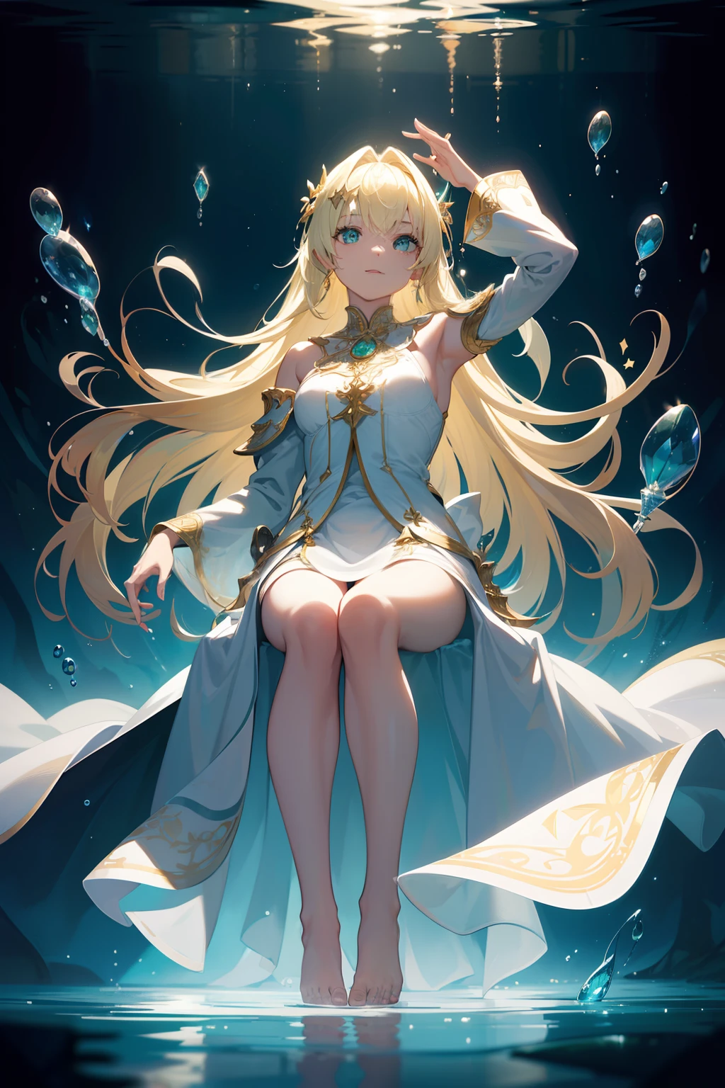 [(Transparent background:1.5)::5],(((masterpiece))),(((best quality))),(((extremely detailed))),illustration, 1girl,solo,mysterious,vivid color,shiny, underwater transparent sealed hemispherical glass dome, (platina blond shining hair colorful),(large green crystal eyes), full body,barefoot,long straight hair tranquil nature, Underwater, floating droplets,close-up, Dynamic actions,Lens perspective,(((Box composition))),sit cross-legged and lean, white dress, coat, gold bracelet, volumetric lighting, multi-color eyes, detailed eyes, hyper detailed,light smile, highly detailed, beautiful, small details, ultra detailed, best quality, intricate, 4k, 8k, trending on artstation, good anatomy, beautiful lighting, award-winning,