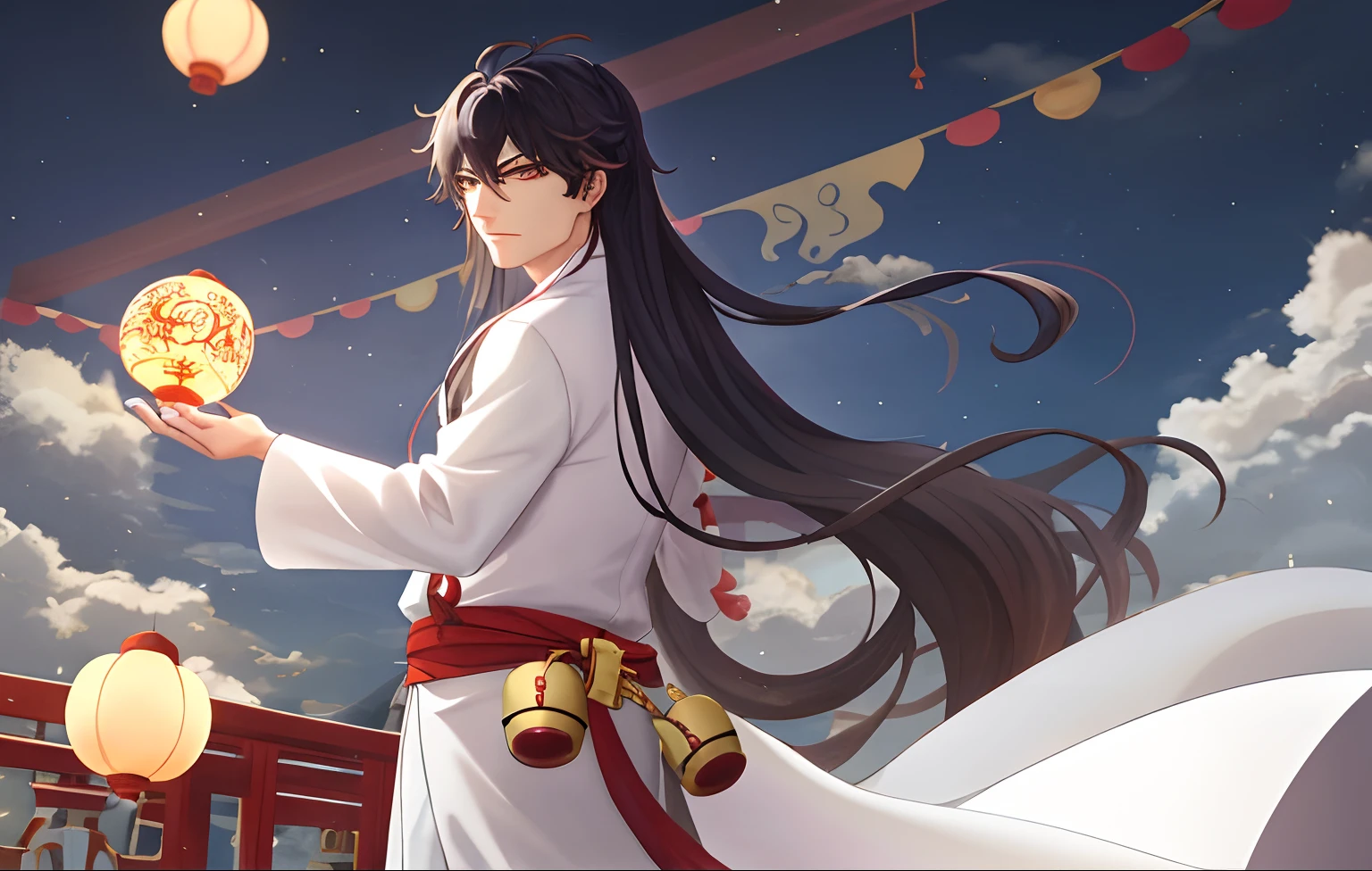 One was wearing a pure white Taoist robe,A small scarlet gourd was pinned to his waist,One hand back,Do a one-handed pinch with the other hand,Pedal a domineering fairy boat,Driving above the sky,The surrounding clouds are shrouded,Black hair and golden eyes,An antique handsome guy with long hair and waist