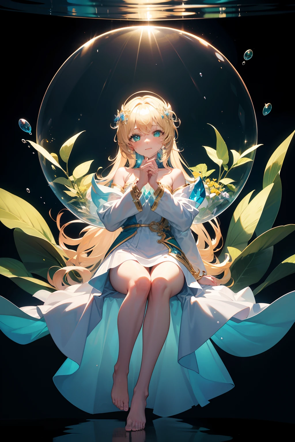 [(Transparent background:1.5)::5],(((masterpiece))),(((best quality))),(((extremely detailed))),illustration, 1girl,solo,mysterious,vivid color,shiny, underwater transparent sealed hemispherical glass dome, (platina blond shining hair colorful),(large green crystal eyes), full body,barefoot,long straight hair tranquil nature, Underwater, floating droplets,close-up, Dynamic actions,Lens perspective,(((Box composition))),sit cross-legged and lean, white dress, coat, gold bracelet, volumetric lighting, multi-color eyes, detailed eyes, hyper detailed,light smile, highly detailed, beautiful, small details, ultra detailed, best quality, intricate, 4k, 8k, trending on artstation, good anatomy, beautiful lighting, award-winning,