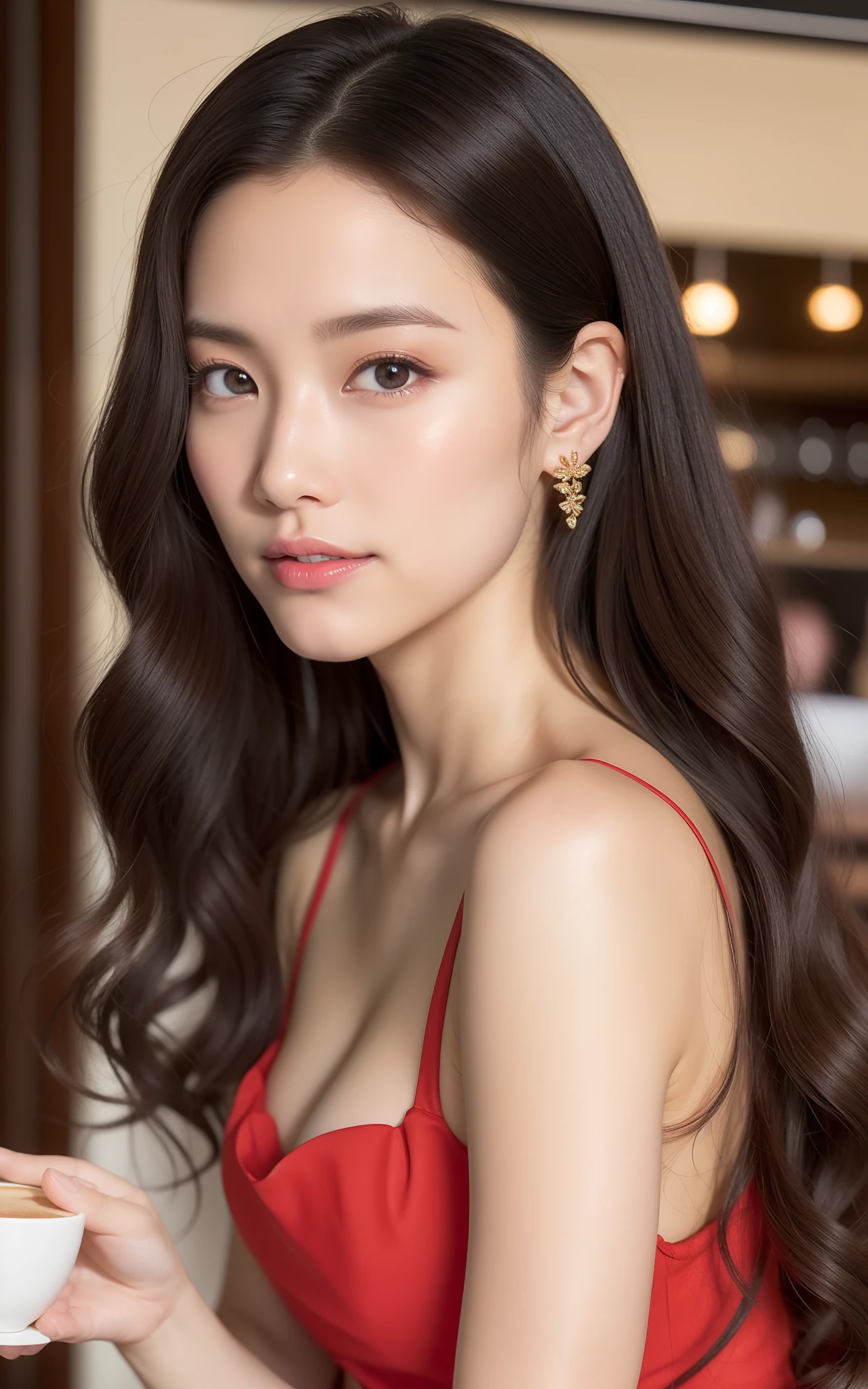 ((top-quality、8K、masterpiece:1.3、超A high resolution))、(Clear focus:1.4、The focus is on people:1.2)、A Japanese Lady、1 persons、年轻、light skinned、full body Esbian、Perfect body、sitting on、((dark brown hair))、Long straight hair、(Detailed fabrics、Simple dress:1.2)、piercings、Super fine face、Detailed skin、A detailed eye、Narrow-eyed、Moist eyes、Clear eyes、二重まぶた、Reddish cheeks、Burning cheeks、Wearing makeup、Sweating、Lustrous skin、glowy skin、Shine skin、Shaded skin、Detailed lips、Apply lipstick、ruddy lips、Wrinkled lips、I'm bursting out laughing、Large breasts、looking in camera、(细致背景、cafes:1.5)、natta、Natural lighting、wakame、wakame、wakame、wakame、wakame、wakame、wakame、wakame、wakame、wakame、wakame、wakame、wakame、wakame、wakame、wakame、wakame、wakame、wakame、wakame、wakame、wakame、wakame、wakame、wakame
