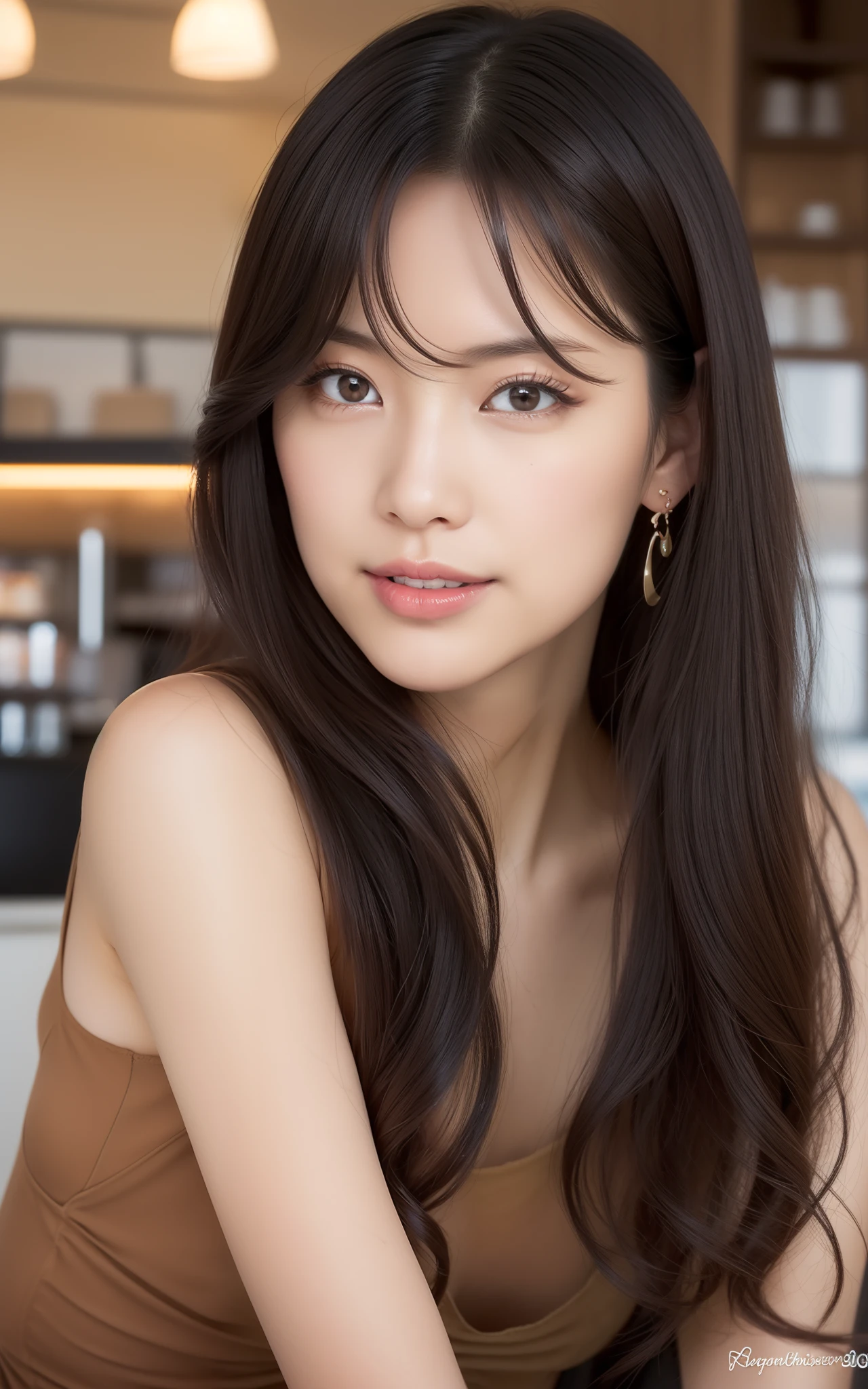 ((top-quality、8K、masterpiece:1.3、超A high resolution))、(Clear focus:1.4、The focus is on people:1.2)、A Japanese Lady、1 persons、年轻、light skinned、full body Esbian、Perfect body、sitting on、((dark brown hair))、Long straight hair、(Detailed fabrics、Simple dress:1.2)、piercings、Super fine face、Detailed skin、A detailed eye、Narrow-eyed、Moist eyes、Clear eyes、二重まぶた、Reddish cheeks、Burning cheeks、Wearing makeup、Sweating、Lustrous skin、glowy skin、Shine skin、Shaded skin、Detailed lips、Apply lipstick、ruddy lips、Wrinkled lips、I'm bursting out laughing、Large breasts、looking in camera、(细致背景、cafes:1.5)、natta、Natural lighting、wakame、wakame、wakame、wakame、wakame、wakame、wakame、wakame、wakame、wakame、wakame、wakame、wakame、wakame、wakame、wakame、wakame、wakame、wakame、wakame、wakame、wakame、wakame、wakame、wakame