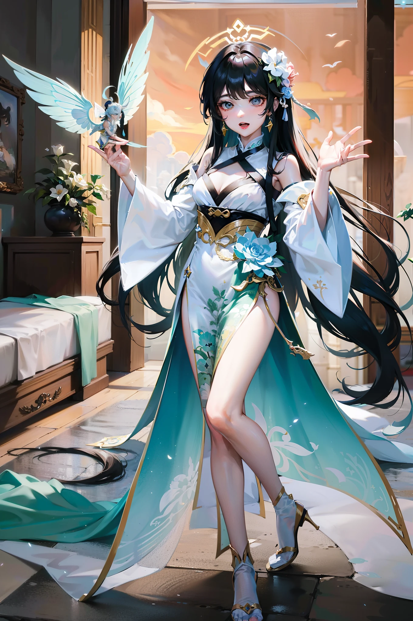 There is a pure flower fairy, Transparent colorful wings, Waving a magic wand, The background is in the royal palace , full-body xianxia, heise jinyao, Keqing from Genshin Impact, Guviz, inspired by Ma Yuanyu,