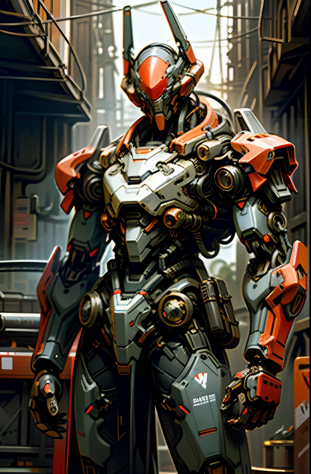 Dark_Fantasy,Cyberpunk,(chain saw,chain saw man,Red:1.1),1man,Mechanical marvel,Robotic presence,Cybernetic guardian, wearing a worn-out mech suit, intricate, (steel metal [rusty]), elegant, clear focus, shot by greg rutkowski, soft lighting, vibrant colors, masterpiece, ((street)), cowboy shot, dynamic pose,