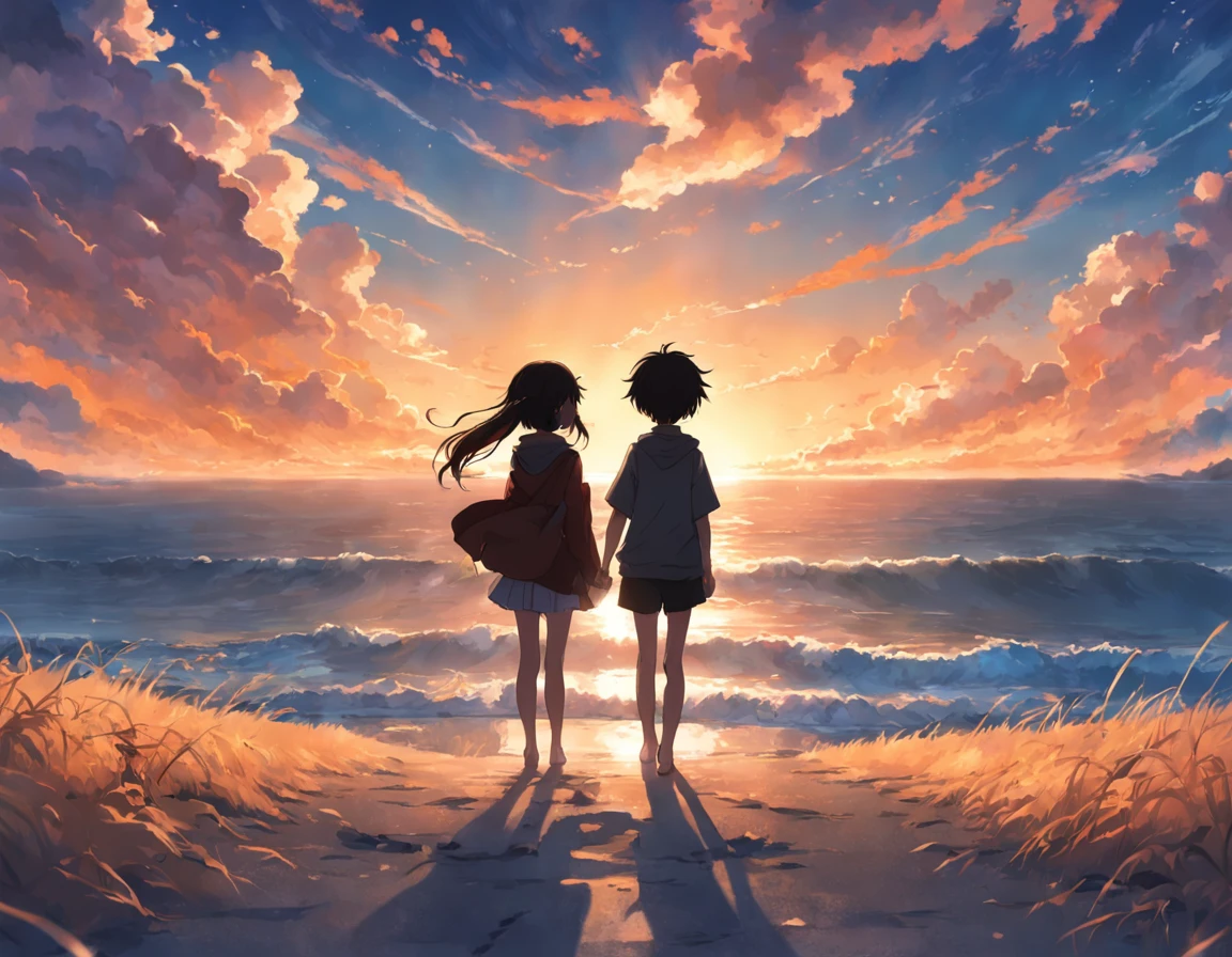 obra-prima, melhor qualidade, filme ainda, 2girls, garota nuvem, floating into the sky, close-up, brilhante, feliz, Soft lighting and Warm, sun sunset, beira mar, (Sparks: 0,7)
