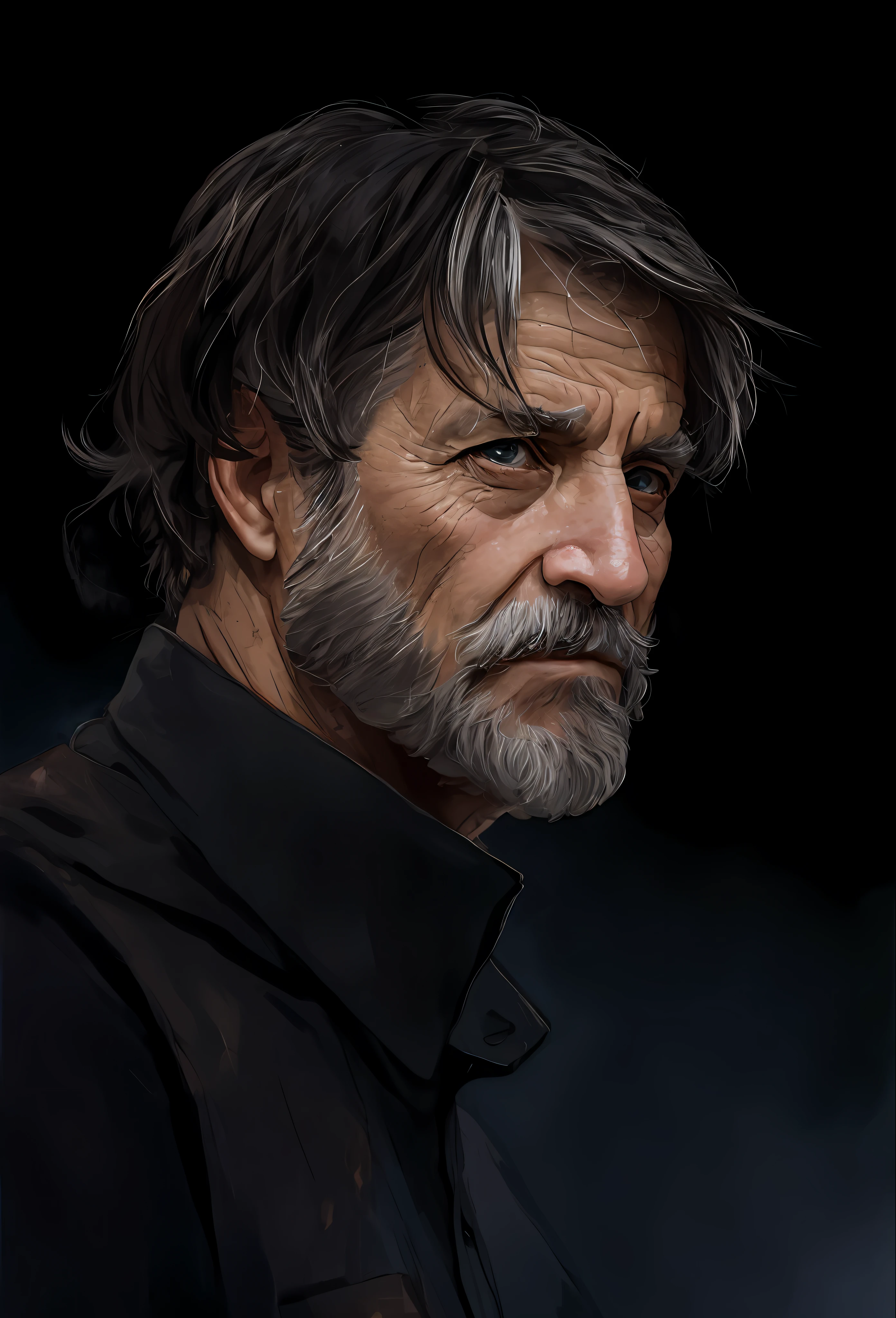 A portrait of a old man, bearded, wrinkled, weathered, with piercing eyes, detailed face, high details, photography, dark studio, rim light, Nikon D850, 50mm, f/1.4