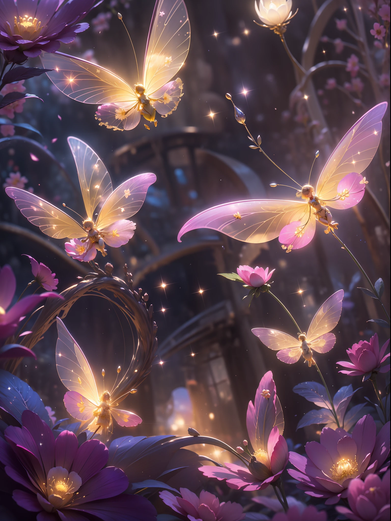 (best qualtiy, tmasterpiece, A high resolution, Glow, flood, Lens glare, wide angles), rays of sunshine, full bodyesbian, 1 The little flower fairy flutters in the wind with her wand,Fly happily over the magical garden,surrounded by colorful flowers,She has glowing transparent wings,Bikinis made from petals and leaves,The wand flutters in the wind、The wand flashed with starlight,Golden wand,Gentle and transparent,anatomy correct, Delicate pattern,Pink rose space, Soft lighting, ( Bokeh),((Glowing transparent wings;1.8)),8K, Ultra HD, digital SLR camera, high high quality, Volumetriclighting, Frankness, A high resolution, 4K, 8K, Background garden, Garden of dreams,Soft lighting, ( Bokeh),Transparent feather drop effect, spring flowers,Epic romantic fantasy digital art,Epic fairy tale fantasy digital art,Mythological fantasy,realisticlying,Very realistic,cinmatic lighting,an award winning photograph,rich colours,hyper realistic lifelike texture,dramatic lighting