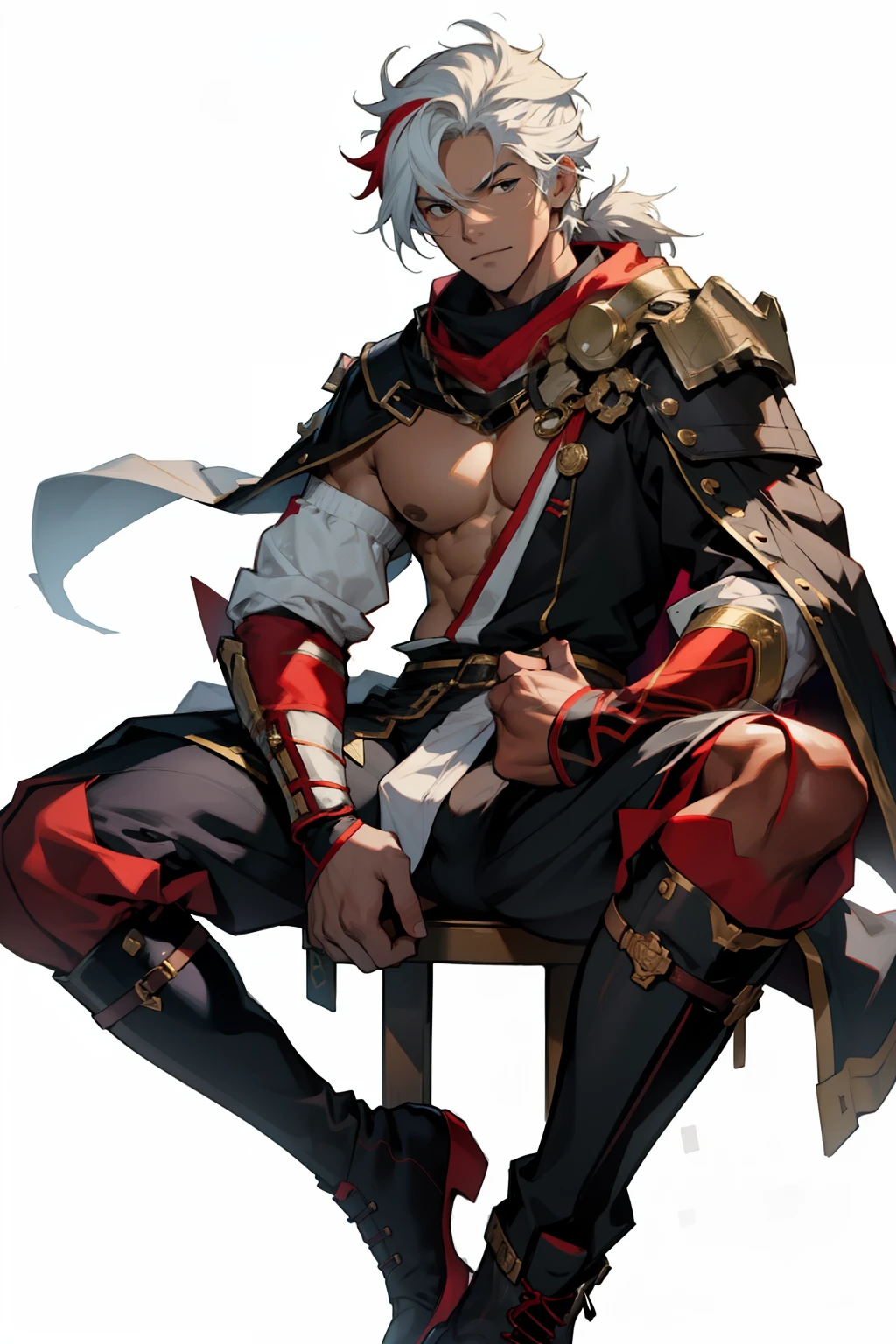 Highest image quality,male people,child,1 boy,Young and handsome,shoun,White color hair,Short flat top hair,Dark skin,anime big breast,anime wallpaper,Solo,malefocus,Briefs,Dilation of the pectoral muscles,Red cape,Bulging crotch,Urban background,spread their legs,Sexy,(Masterpiece, Best quality),Long white socks,Red Martin boots,