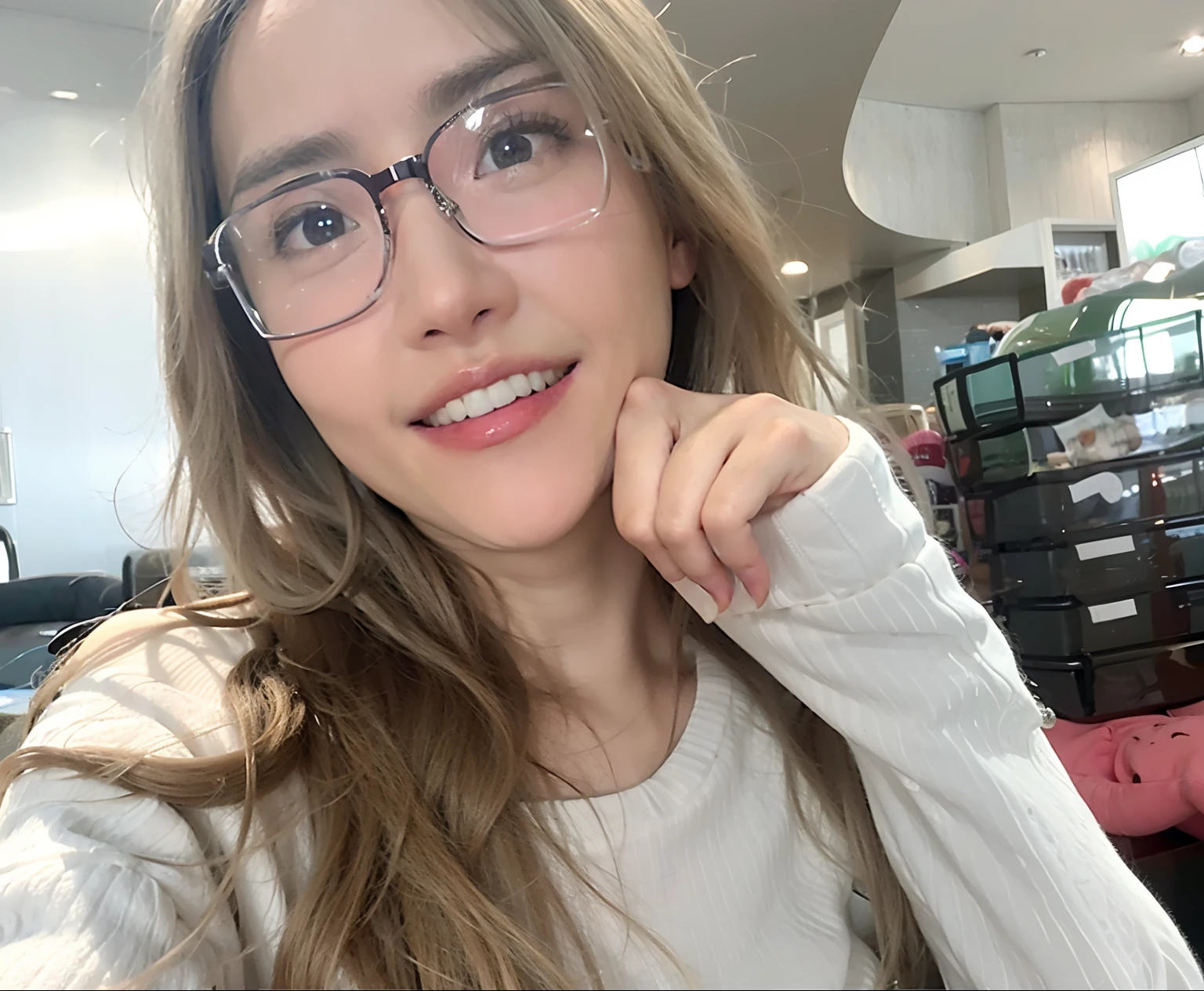 smiling woman with glasses and a white sweater sitting at a table, slight nerdy smile, cute slightly nerdy smile, headshot profile picture, very slightly smiling, slightly smiling, selfie shot straight on angle, happily smiling at the camera, profile picture, looking straight to camera, very silly looking, selfie of a young woman, very accurate photo, around 20 , naked breasts, cum on breasts