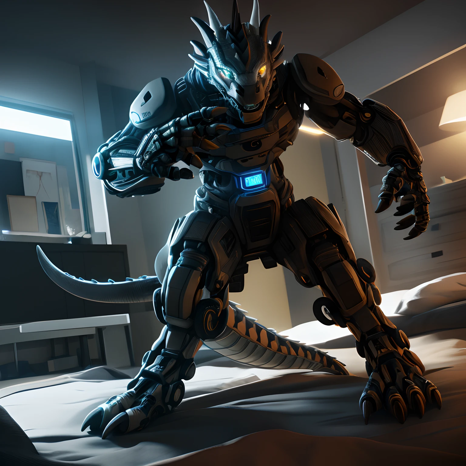 An advanced bionic mech, cybrog, anthro, dragon, female, full body, Delicate face, Delicate eyes, 1 tail, (glowing LED), energy, digitigrade,Inside sat on the bed in the apartment, extremely detailed CG unity 8k wallpaper, realistic, masterpiece, highest quality, lens flare, unreal engine, trending on ArtStation, Intricate, High Detail, dramatic, realism, beautiful and detailed lighting, Sandals
