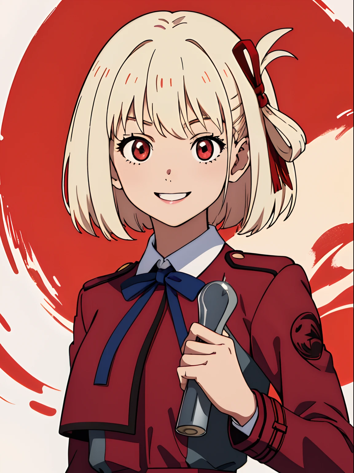 simple background、(masterpiece、top-quality:1.2)、((facing front:1.2))、A big smile、With bangs、Young woman at 、((The upper part of the body:1.2))、Promotional Art、offcial art、red school uniform、long-sleeve、platinum-blonde、Red ribbons、Amber eyes