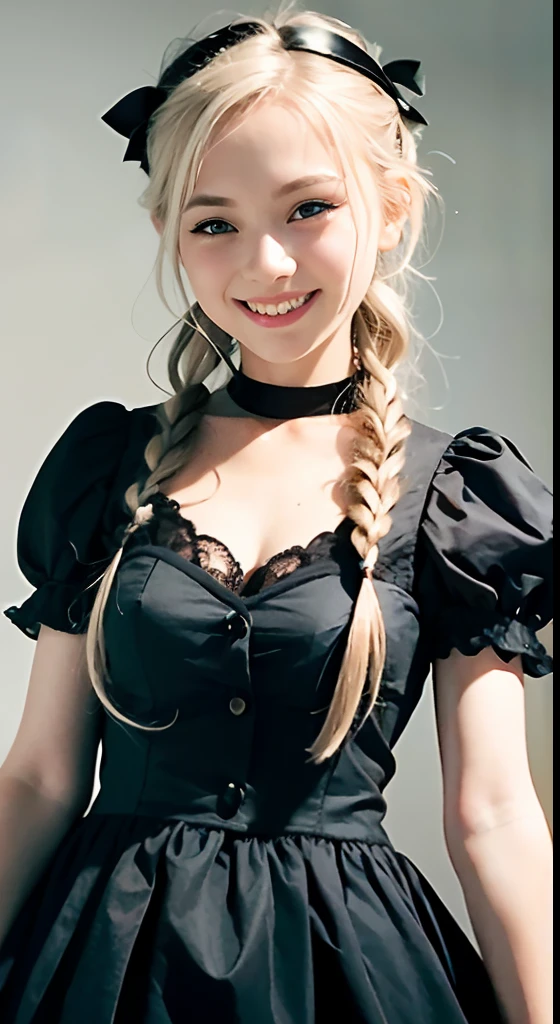 (ultra-detailliert), Cute princess dresses in black color,(frilly dress),(shortsleeves),Blue eyes,The upper part of the body、a closeup、faces、(A smile:1.1),(facing front:1.2), 20yr old, s girl,no tail,(no tail),2D, masterpiece, top-quality, animesque, A detailed eye, A detailed face, girl with, Only 1 person,Silver-haired medium hair, (a blond), Ear Hair, small tits, Single braid, (Single braid), (Side braid), Pink ribbon, Ribbon around the neck, (White sleeves), Background bokeh