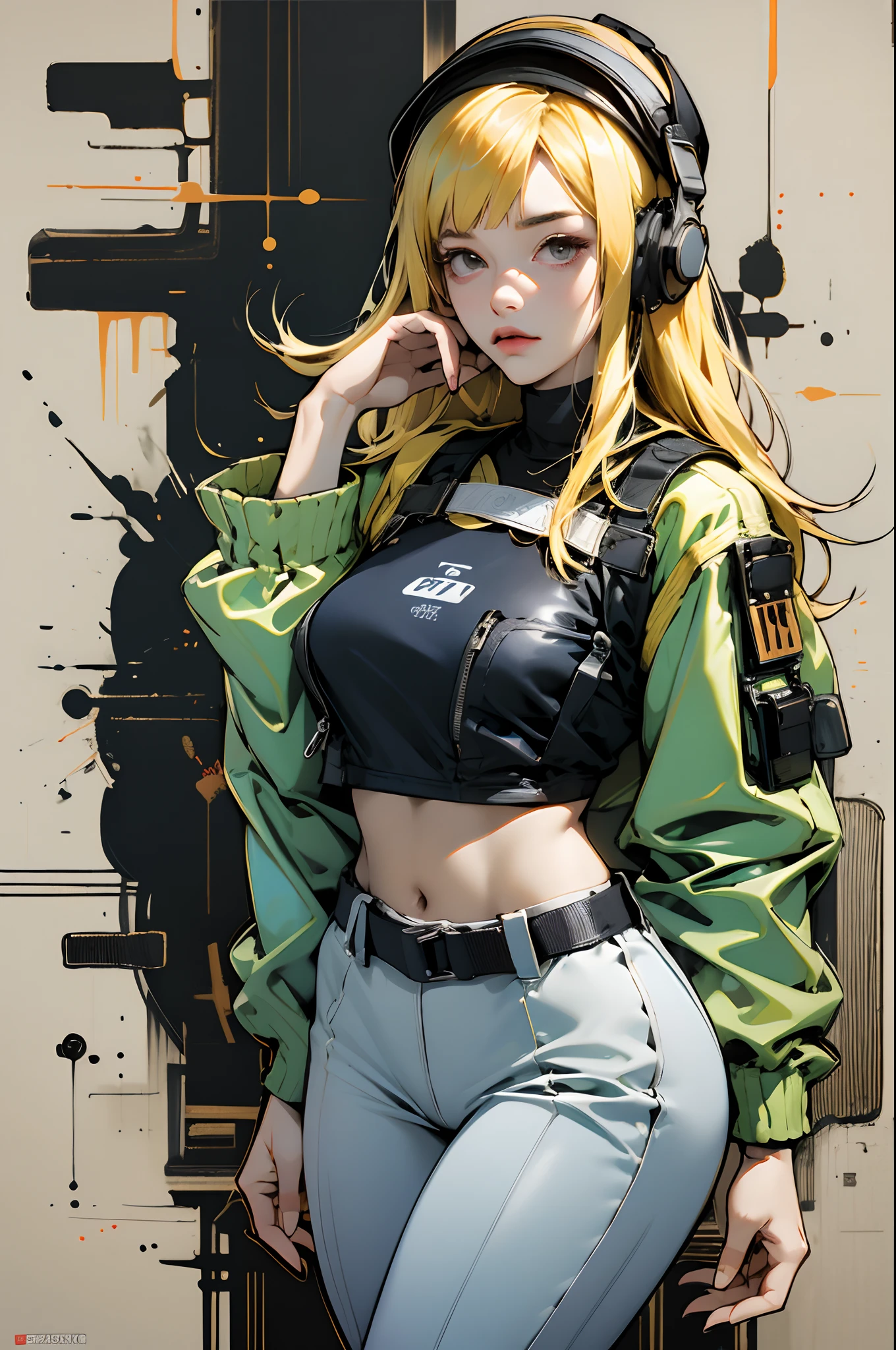 "vhsKeeper, Single Girl, elegante, chiclete, soprando bolhas, bunda perfeita, kalap, looking behind, fundo branco, cachecol, baggy pants, bswimsuit, cabelo longo, fones de ouvido, bullet proof vest", Nijistyle