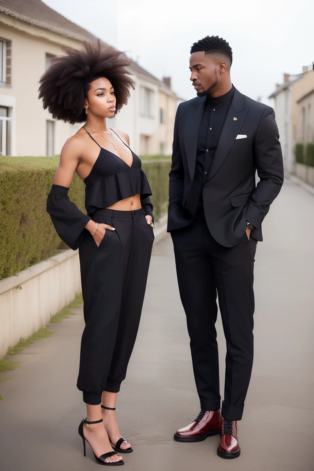 premier quality、high resolucion、(photoreallistic:1.4)、Homme noir, ((24-year-old African-American)), ((Coiffure afro touffu))、parapluie, Grande veste noire, pantalon chasseur, chaussures air-force1, corps mince, (beautifull detailed face)、big lips, Imperfections acnés, qui rit joyeux avec sa copine, Hip-hop style, soir pluvieux (Paysage bordure de route)、Golden Room、vue en entier