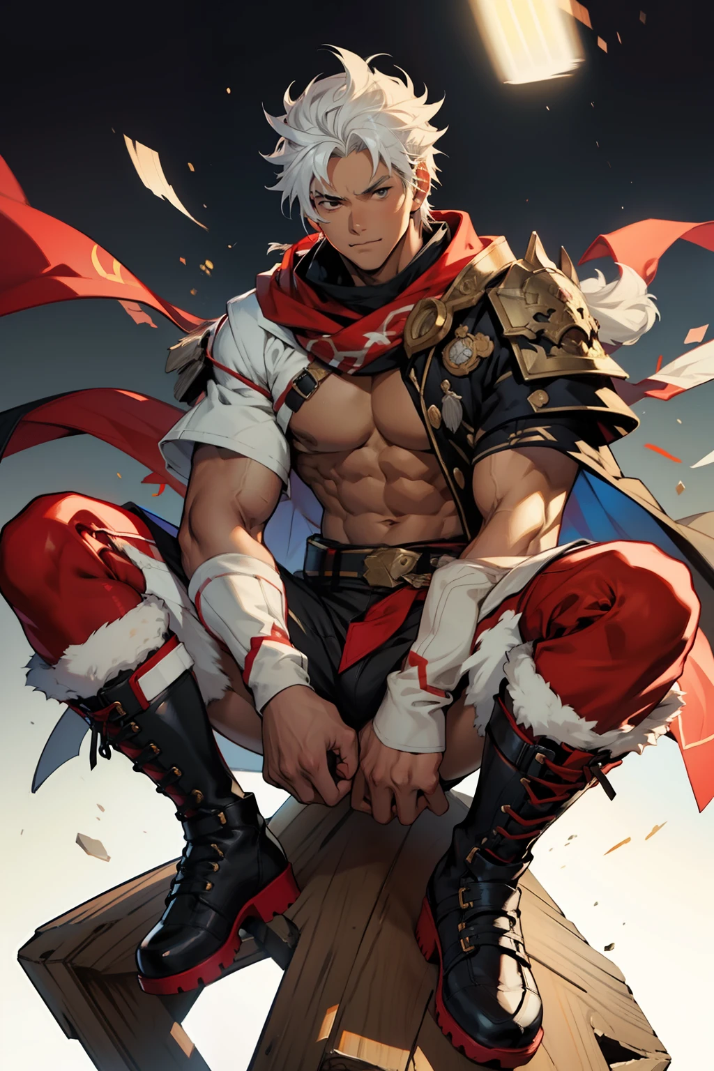 Highest image quality，male people，child，1 boy，Young and handsome，shoun，White color hair，Short flat top hair，Dark  skin，anime big breast，anime wallpaper，Solo，malefocus，Briefs，Dilation of the pectoral muscles，Red cape，Bulging crotch，Urban background，spread their legs，Sexy,(Masterpiece, Best quality),Long white socks，Red Martin boots，