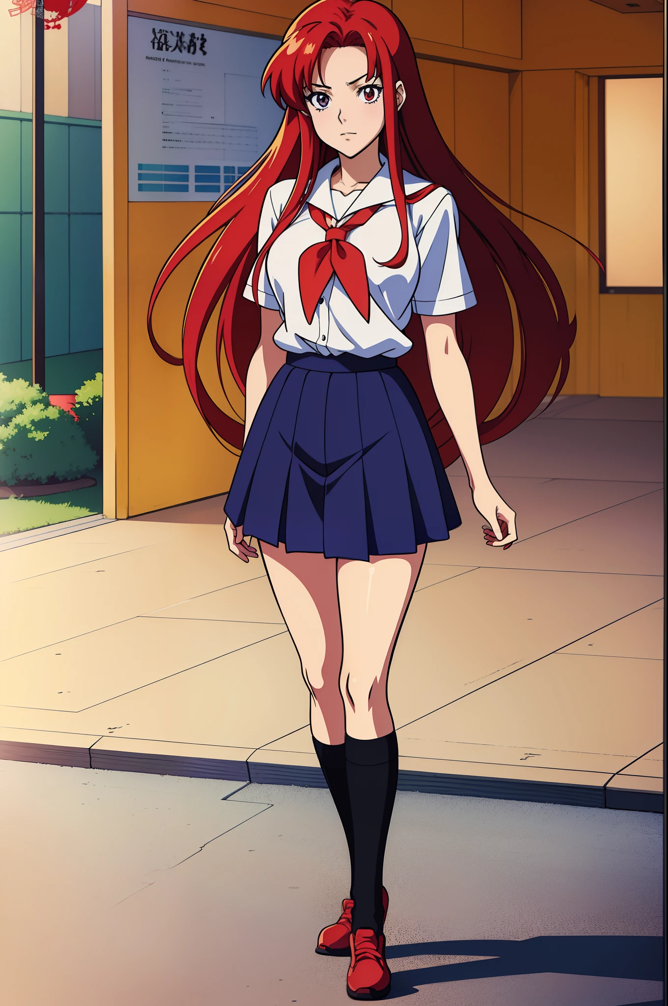woman, red hair, wearing school uniform, school, anime art style, in anime style, in an anime style, full body, 90 s anime art style, realistic anime art style, in the art style of 80 s anime, modern anime style, cartoon art style, beautiful anime art style, very anime style, anime style only