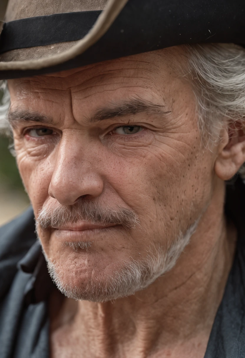 Crie para mim uma imagem de um homem ingles que possa ser chamado de ingles voador, lembrando vagamente um pirata, with a wise face;, but intrepit, demonstrando serenidae, com cabelos pretos, rosto forte e um chapeu imponente. Close-up headshot capturing facial details Natural lighting with warm and golden tones On the deck of a pirate ship, with sea waves in the background Used leather tricorn hat. Determined and slightly threatening, com uma pitada de intriga Canon EOS R5 Canon RF 85mm f/1.2L USM Abertura f/1.8, Velocidade do obturador 1/125, ISO 400 Subtle film grain effect for greater realism and texture --auto --s2