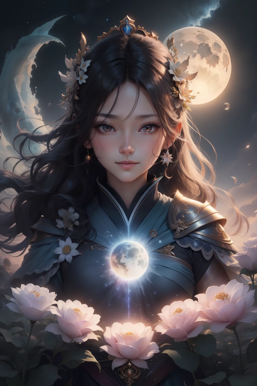 (tmasterpiece、Need、Ultra-delicate、A high resolution),1goddess,(A loving gaze、ssmile),background starry sky,planet earth,suns,themoon,Divine light,The characters radiate holiness,offcial art,Extremely detailed,(The upper part of the body、Front lens)