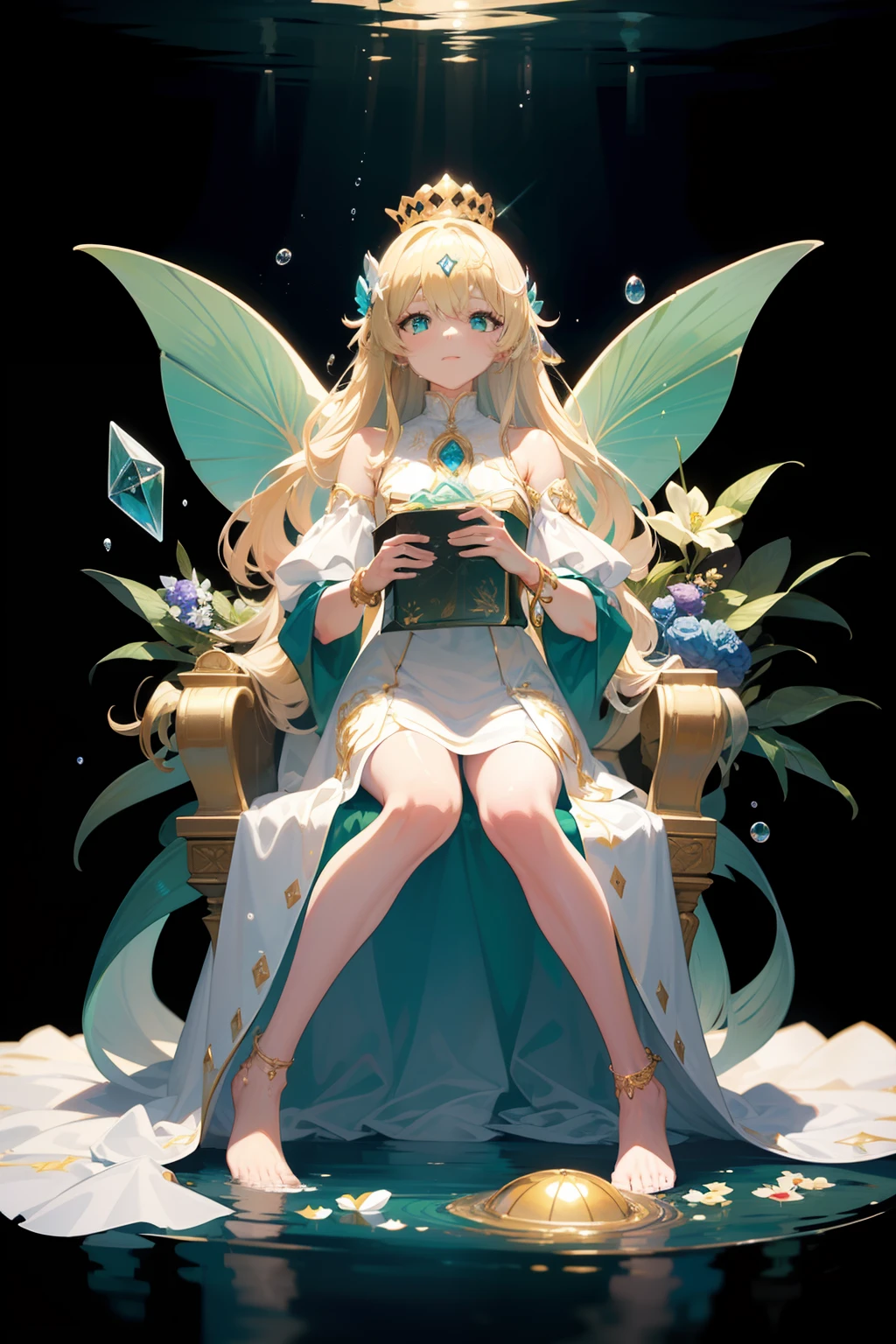 [(Transparent background:1.5)::5],(((masterpiece))),(((best quality))),(((extremely detailed))),illustration, 1 mermaid girl,solo,mysterious,vivid color,shiny, underwater transparent sealed hemispherical glass dome, (platina blond shining hair colorful),(large green crystal eyes), full body,barefoot,long straight hair tranquil nature, Underwater, floating droplets,close-up, crown on the head, Dynamic actions,Lens perspective,(((Box composition))),sit on the king’s chair and lean, white dress, coat, gold bracelet, volumetric lighting, multi-color eyes, detailed eyes, hyper detailed,light smile, highly detailed, beautiful, small details, ultra detailed, best quality, intricate, 4k, 8k, trending on artstation, good anatomy, beautiful lighting, award-winning,