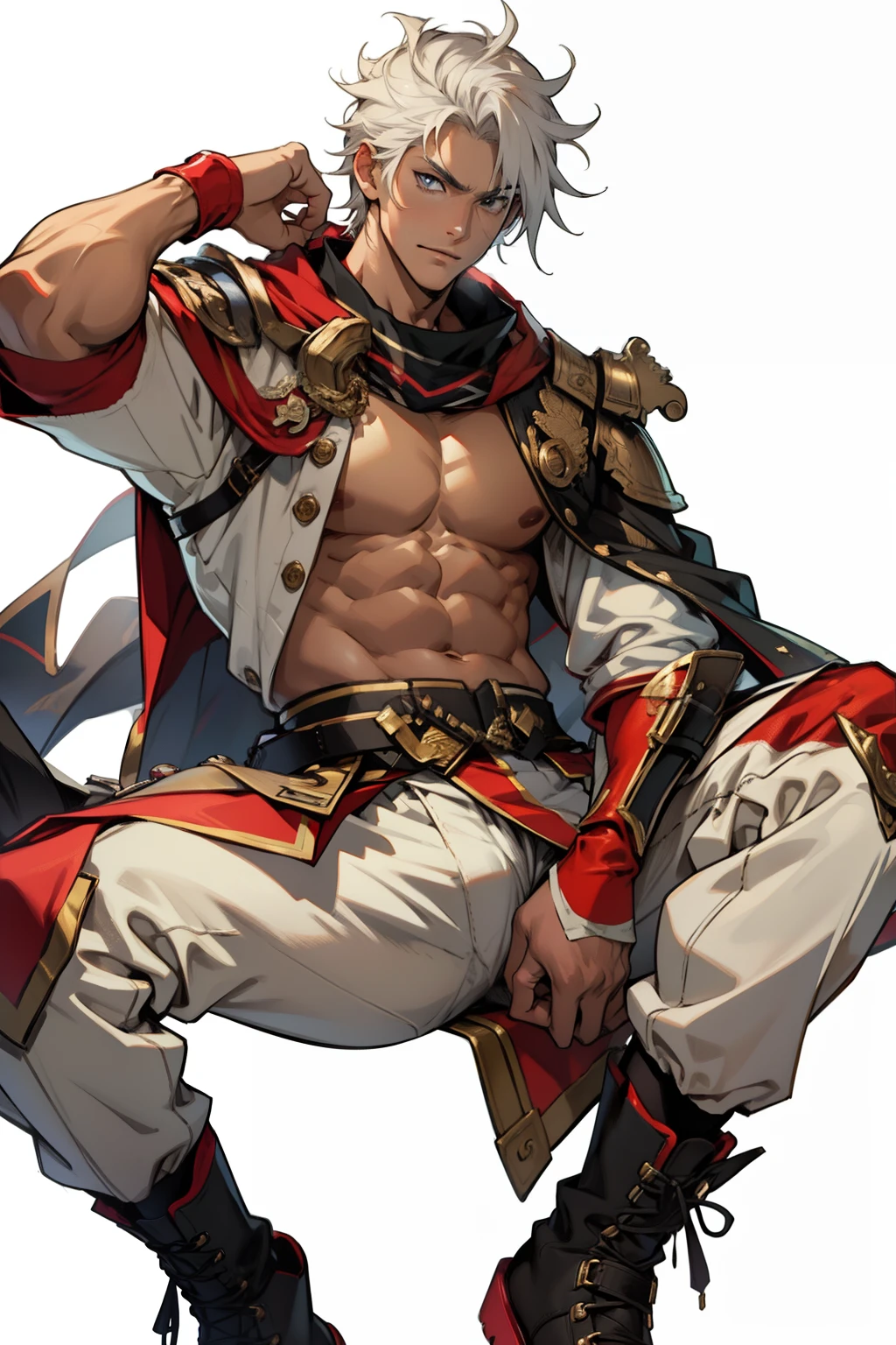 Highest image quality,male people,,1 boy,Young and handsome,shoun,White color hair,Short flat top hair,Dark skin,anime big breast,anime wallpaper,Solo,malefocus,Briefs,Dilation of the pectoral muscles,Red cape,Bulging crotch,Urban background,spread their legs,Sexy,(Masterpiece, Best quality),Long white socks,Red Martin boots,