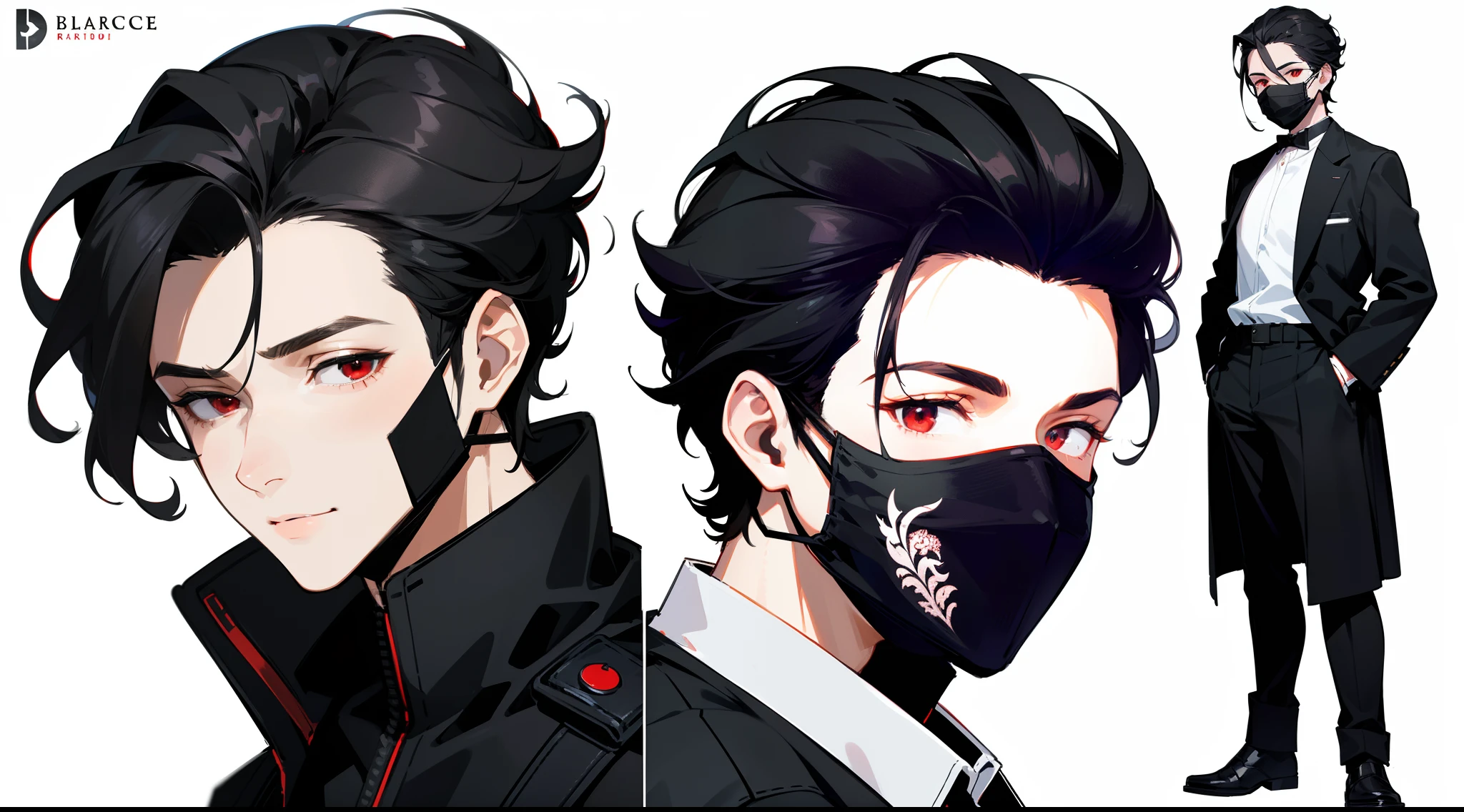 ((Best Quality)), ((Masterpiece)), ((Realistic)) 19 year old, 1 boy, black pushed back hair, relaxed happy face , black jacket and white shirt , black ClothMask , (((detailed character sheet, frontal view, side view, three quarter view))) (((white background))) 6 and a half heads full body , black jacket over a white t-shirt , black mask in his mouth , black pushed back hair , red eyes , black gloves , black PUSHED BACK HAIRCUT , BLACK MASK IN HIS MOUTH (( black ClothMask )) , red eyes , full body , black jacket over a white t-shirt