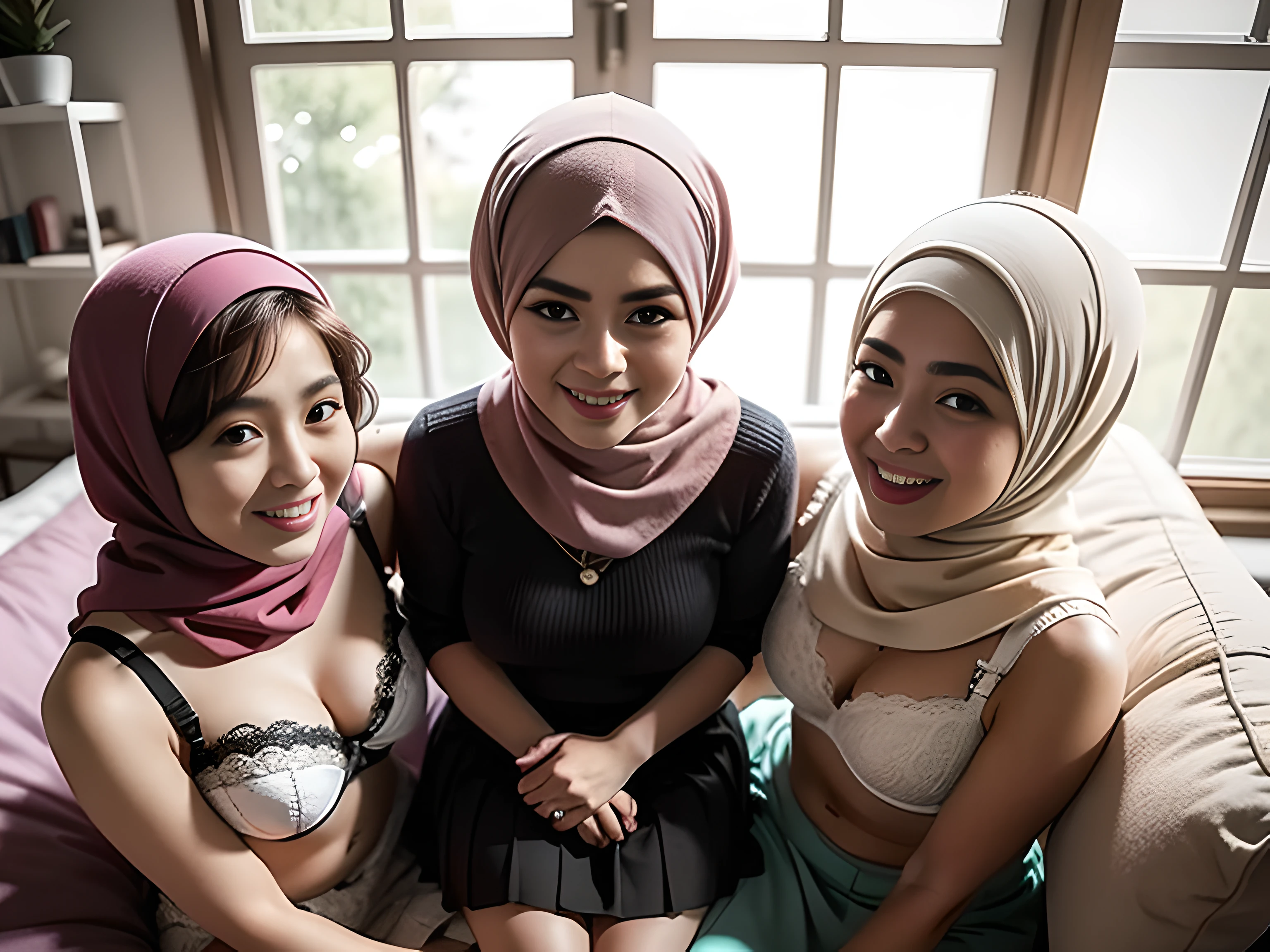 3 malay girls, (happy smile, laughing: 1.1), 8k, 80mm, RAW portrait of malay girls with pompom plain hijab, 80mm, ultra high resolution, top quality, break wearing bra and high waist short pleated skirt, (looking down at the viewer from below), big, living room, bed, sitting on fluffy couch with many big cute pillow, break (natural skin texture, detailed skin, hyper-realism, super sharpness), intricate details, high resolution, natural light, cheerful environment, pastel color,