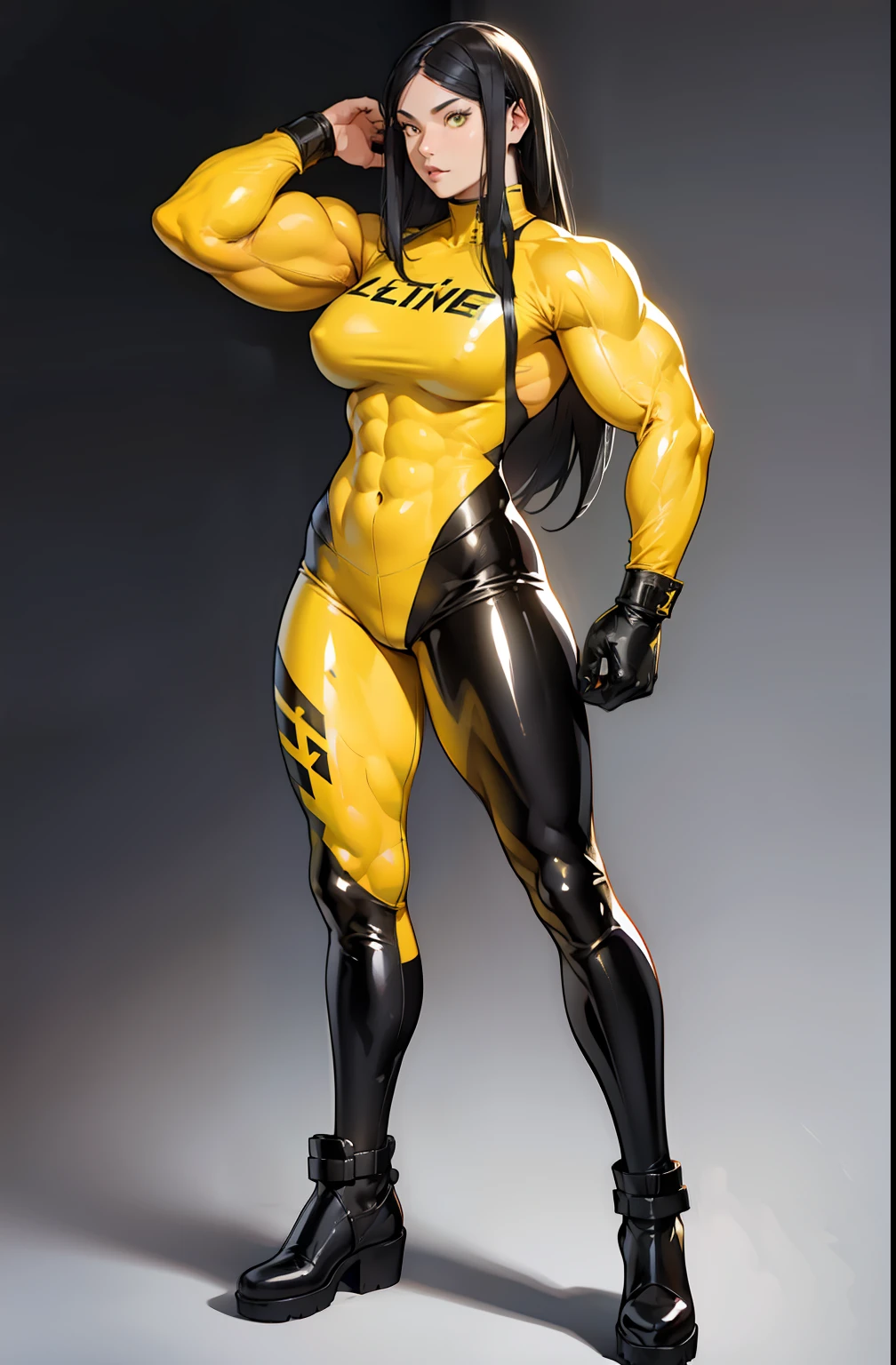 (((((1 girl))))), black hair, yellow eyes, very long hair, ((((((muscular)))))), tall, pale skin, latex suit, ((full body)), (solo)