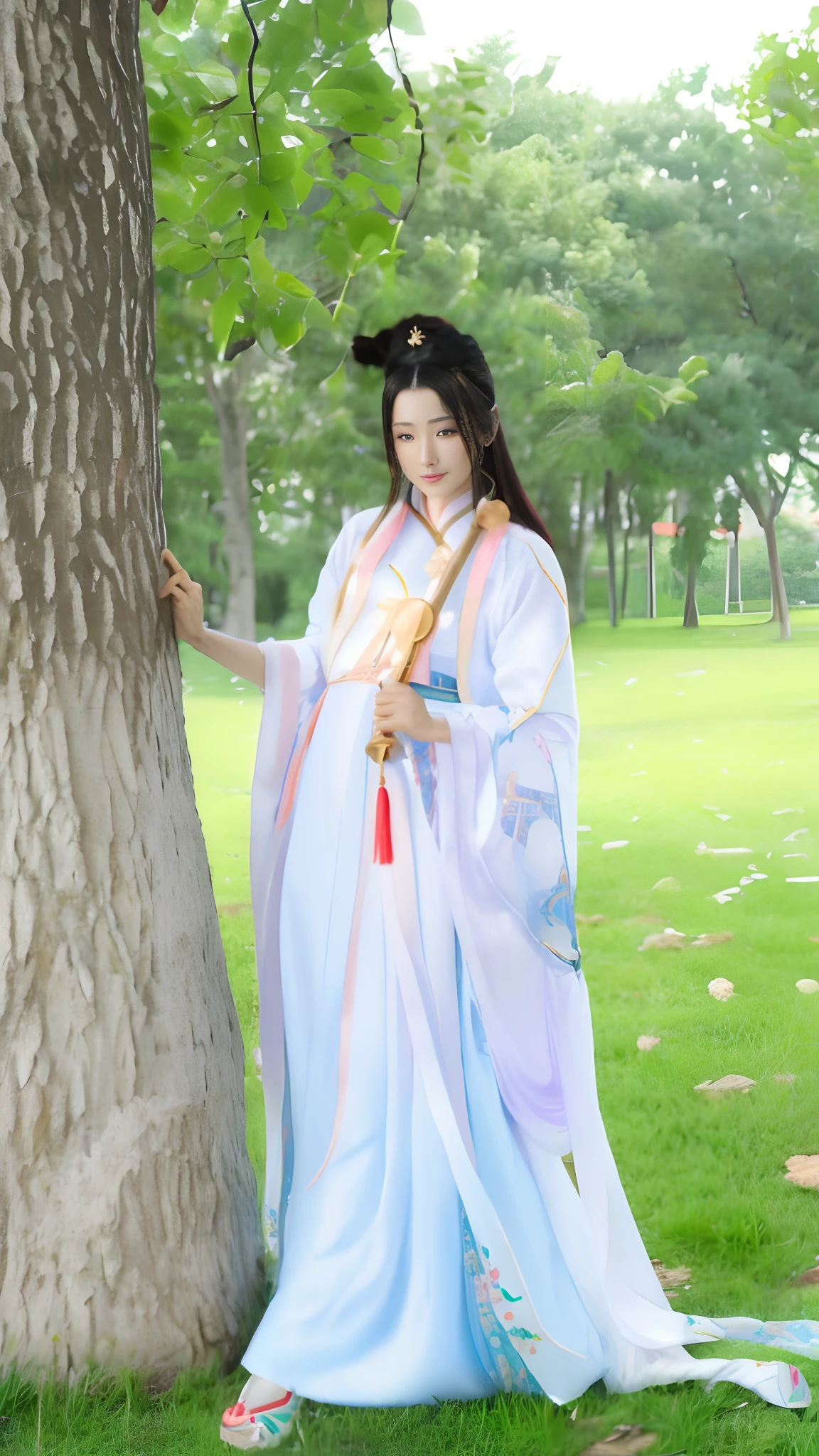 ((tmasterpiece:1.4)),Real records,Cinematic lighting effects,Woman leaning against tree in blue and white dress, A girl in Hanfu, full-body xianxia, White Hanfu, Hanfu, flowing magical robe, with acient chinese clothes, Chinese costume, Wearing ancient Chinese clothes, Traditional Chinese clothing, Inspired by Lan Ying, Princesa chinesa antiga, Flowing robes, xianxia fantasy, China Princess,8k,Nikon D850 shot,wide lens shot,