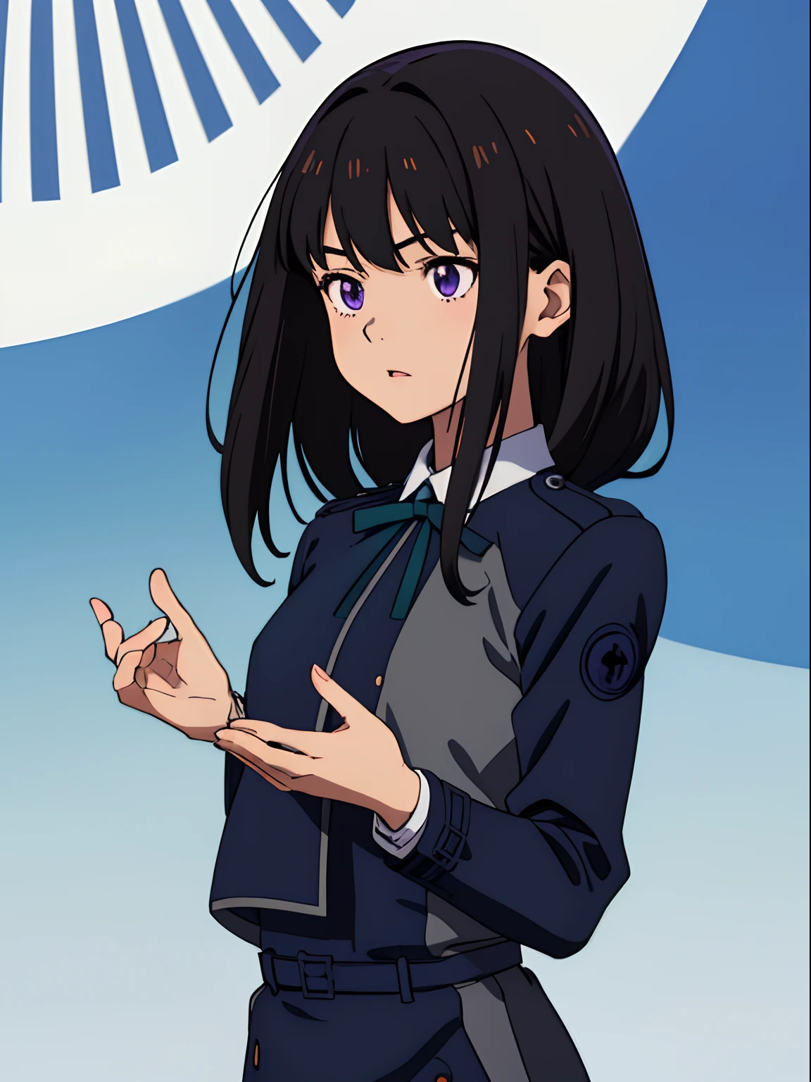 simple background、(masterpiece、top-quality:1.2)、((facing front:1.2))、With bangs、Young woman at 17 years old、((The upper part of the body:1.2))、Promotional Art、offcial art、Dark blue uniform、long-sleeve、Y shirt、Green Tie Ribbon、bangss、A dark-haired、Longhaire、Purple eyes