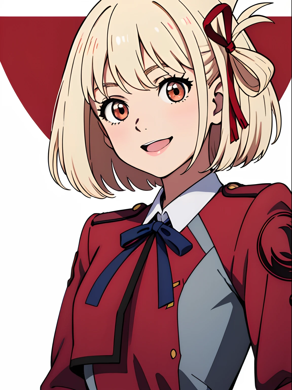 simple background、(​masterpiece、top-quality:1.2)、((facing front:1.2))、A big smile、With bangs、Young woman at 、((The upper part of the body:1.2))、Promotional Art、offcial art、red school uniform、long-sleeve、platinum-blonde、Red ribbons、Amber eyes