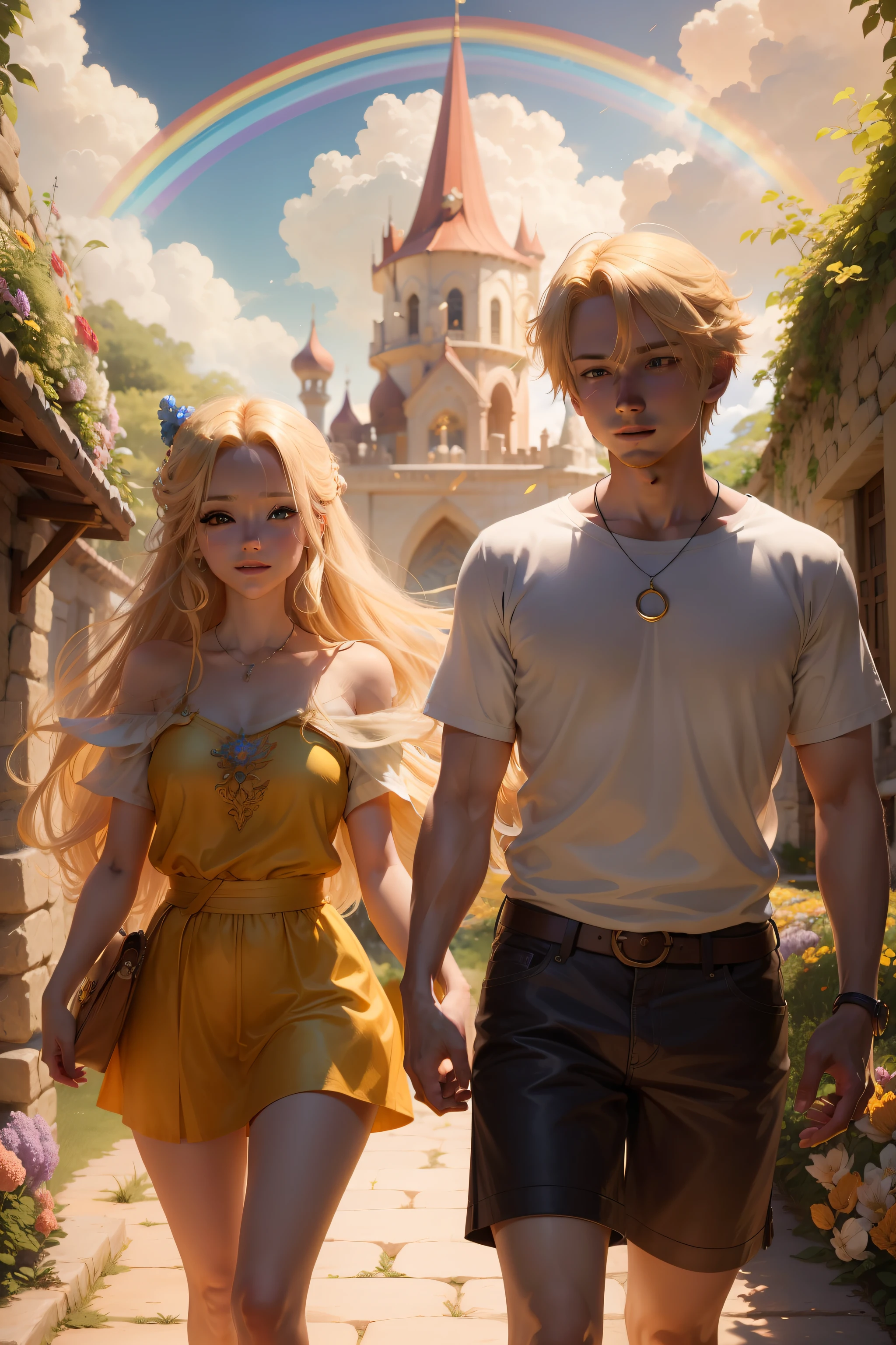 Drawing of Mia blonde hair and Leo blonde hair crossing the radiant rainbow and entering the Kingdom of Dreams, com cores vibrantes ao seu redor e a fada Flora os saudando com um sorriso acolhedor. 8k, cartoon