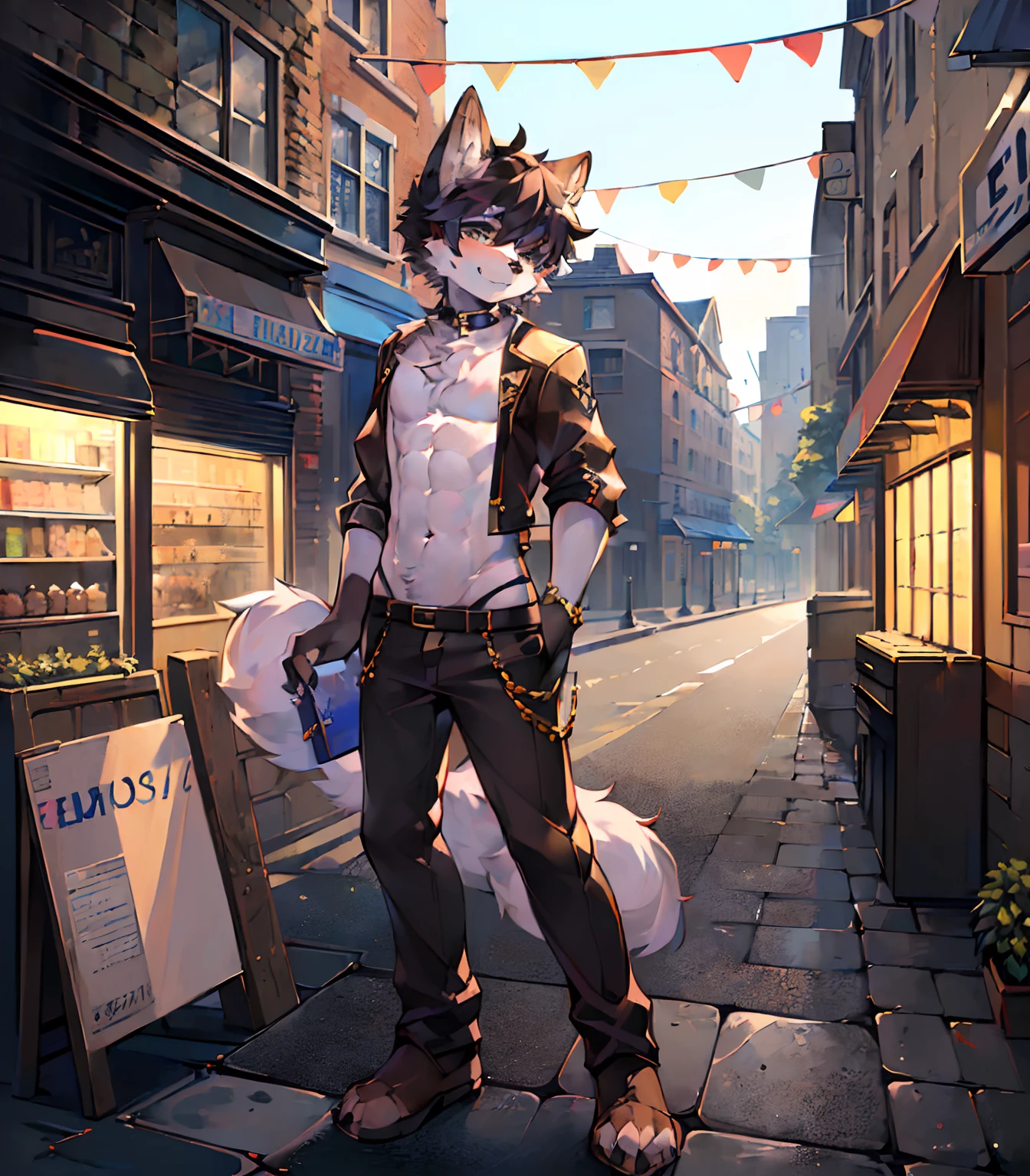 (Furry art, Uploaded on e621:1.4), 1boy, (Solo_Focus), (Male:1.3) (Furry:1.5) anthro, (Upper body:1.3), Have on the street, solofocus, Detailed face, Detailed eyes, (fashion hair:1.4), Detailed fluffy fur, Fluffy tail, Short hair, digitigrade, Seductive pose, S...