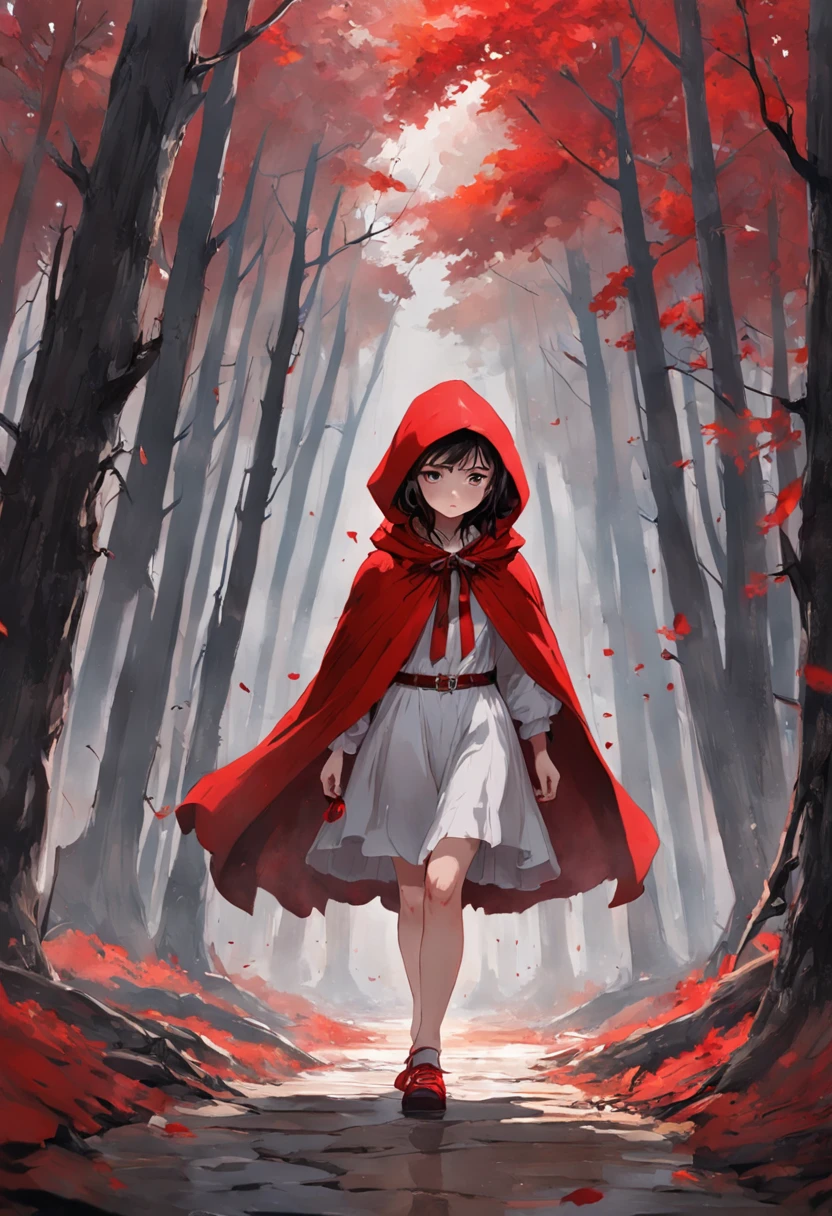 Beautiful Little Red Riding Hood,Little Red Riding Hood floated in the air with a cold expression。She looked twelve or thirteen years old,The complexion is pale,Tall and tall,Cold and glamorous,Full of wildness,Her hood、The shawls were as bright red as blood,Under her shawl,It is a linen power suit with a bundled body,It has a leather shoulder strap across the chest,Wear a python fur belt at the waist,Pedal deerskin boots。And the one that matches this outfit,It is a short sword and throwing knife with a cold light in his hand,An invisible force bloomed from within her,Form a force field of a perfect circle,The surface of the mud under its feet is semicircular and concave。Subtle makeup,prime time,realisticlying,hight contrast,8k HD,A detailed,hyper-detailing,realistic skin textures,Cover the red hood,big cleavage breasts,best qualtiy,超高分辨率,RAW photogr,dramatic lighting,unreal-engine,diffused glow,Complex red hood,exteriors,Realistic detailed dark forest,falling leaf,light wind,(Take the slaughter wolf's head and drip blood)3D close-up of people,Full body portrait of the character --auto