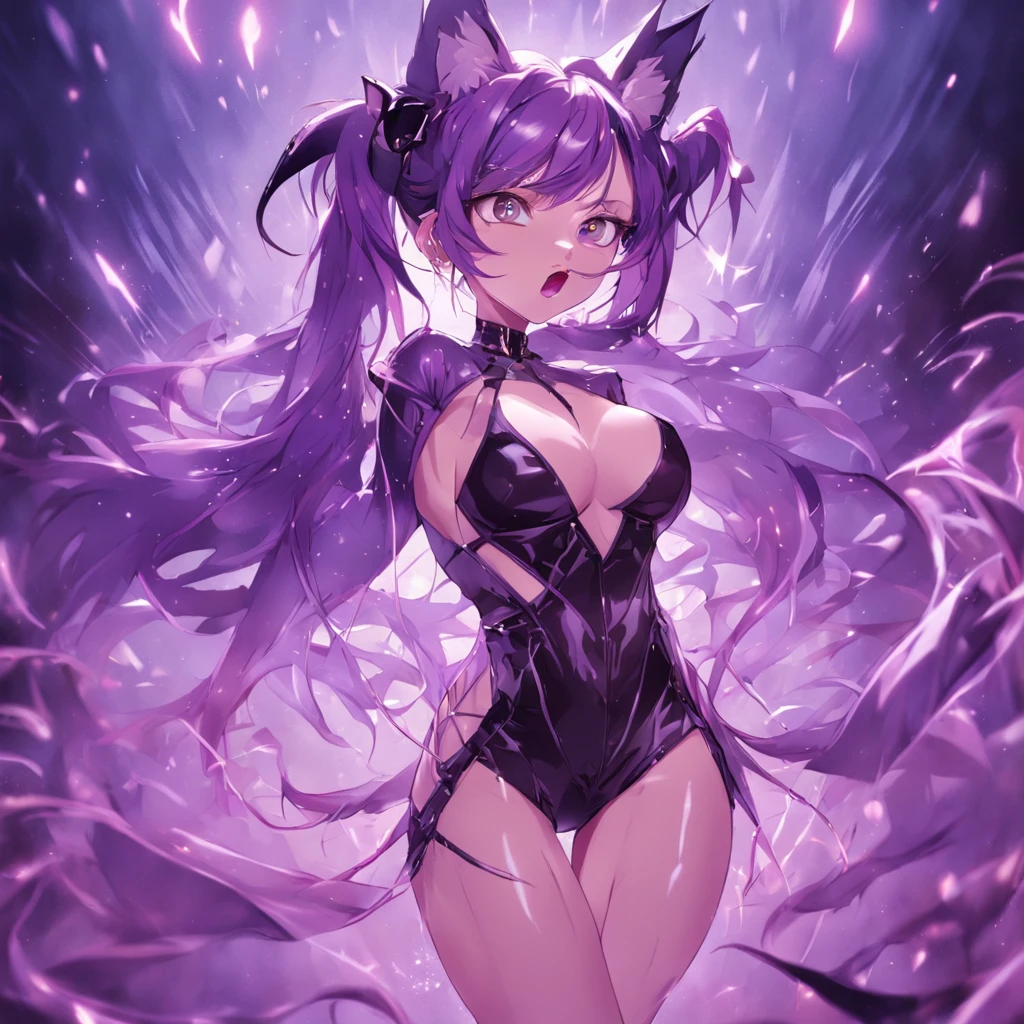 Big-breasted fox demon(Black high ponytail,Slightly curled hair in front of the ears,Cold white skin)(Glamorous and sexy,Fornication and debauchery,Expose the entire breast,fishnets stockings,Black and purple tight leather clothing,Naked,spread their legs,Seven-doppelganger shot