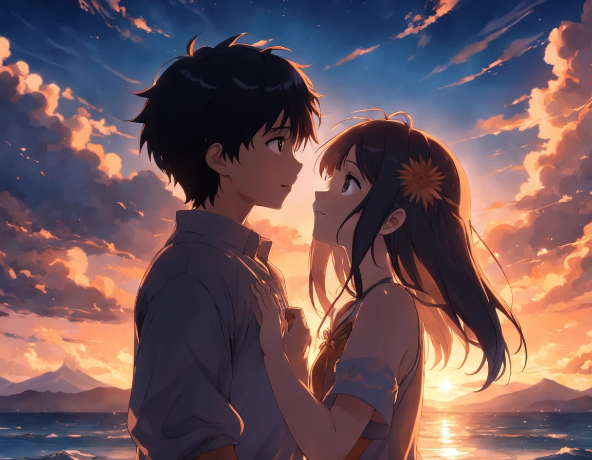 1 girl,wano style, smile tenderly, nicorobin, long straight loose hair, with glasses, look at the viewer, pink blouse with neckline, Upper part of the body, hugging 1 boy, wano style, Monkey D Luffy, very curly hair, short hair, look at the viewer, smile tenderly, Brown eyes, Upper part of the body, light blue shirt, hugging the girl, ((masterpiece)), (Best Quality), (extremely detailed), depth of field, Sketch, Intensive dark shadows, Sharp focus quality, HdR, showy, Good composition, spectacular, anime screenshots, depth of field, pirate ship bottom, sunset at sea.