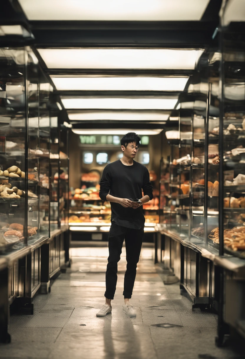 Web anchor,30-year-old young Chinese mother,cabelos preto e longos,Melon seed face,wearing black rimmed glasses,Skinny and small,White shirt,He is showing his work,(Facing the lens),at the kitchen