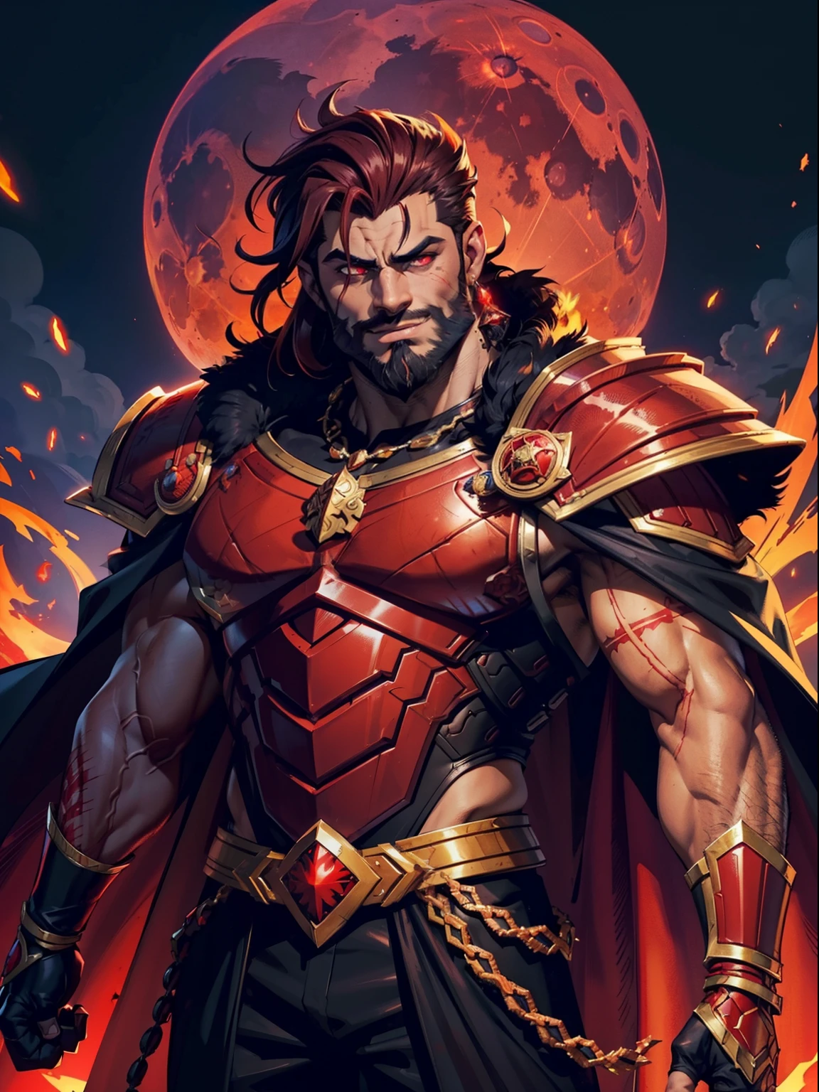 Dark night blood moon background, Hades style, game portrait. Sadurang from Marvel, hunk, buffed physics, short mane hair, mullet, defined face, detailed eyes, short beard, glowing red eyes, dark hair, wily smile, badass, dangerous. Wearing full armor with red dragon scales, cape of furs.  Breath fire.