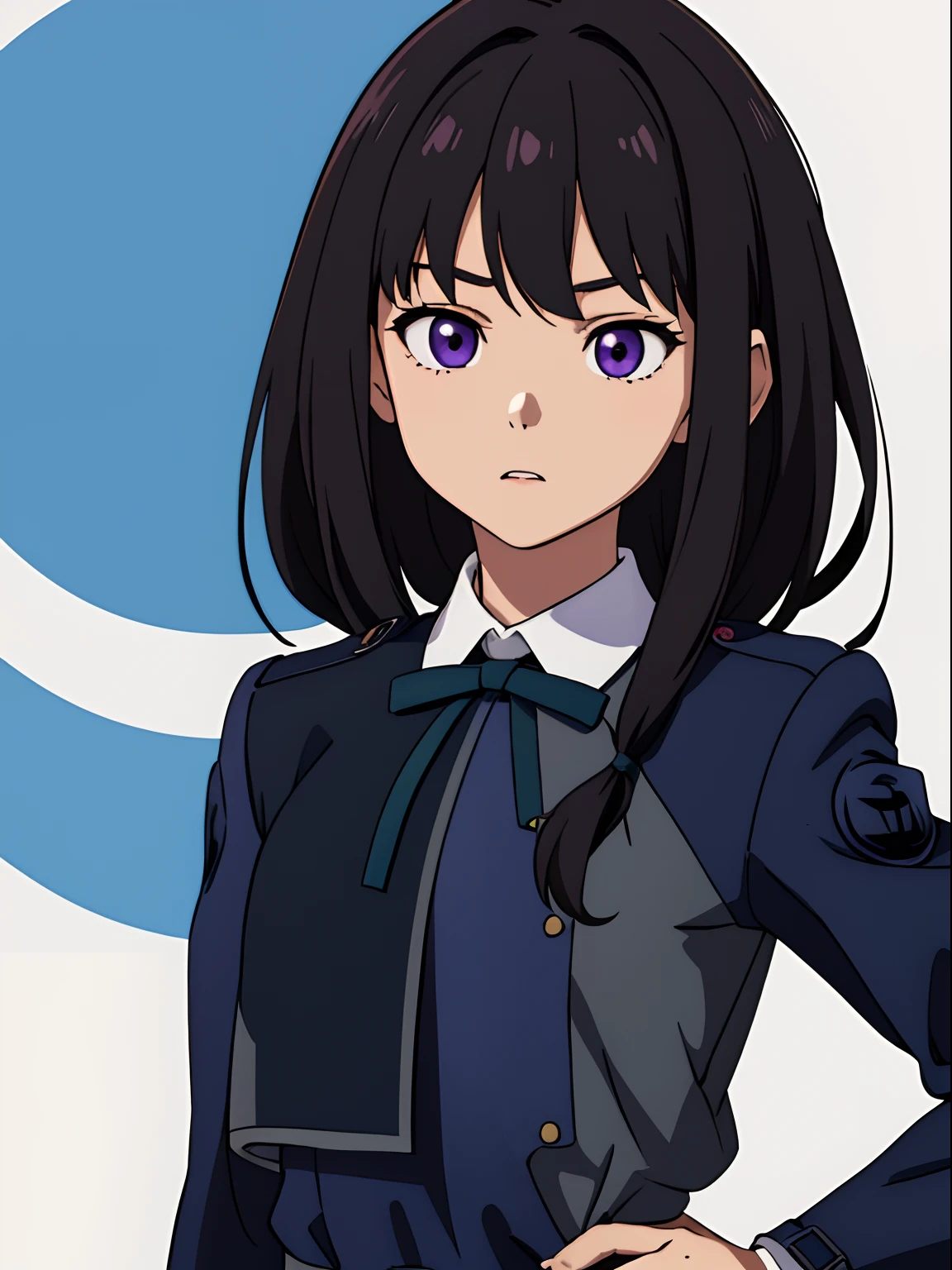 simple background、(masterpiece、top-quality:1.2)、((facing front:1.2))、With bangs、Young woman at 17 years old、((The upper part of the body:1.2))、Promotional Art、offcial art、Dark blue uniform、long-sleeve、Y shirt、Green Tie Ribbon、bangss、A dark-haired、Longhaire、Purple eyes