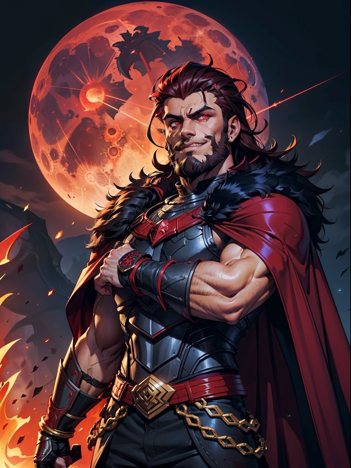 Dark night blood moon background, Hades style, game portrait. Sadurang from Marvel, hunk, buffed physics, short mane hair, mullet, defined face, detailed eyes, short beard, glowing red eyes, dark hair, wily smile, badass, dangerous. Wearing full armor with red dragon scales, cape of furs.  Breath fire.