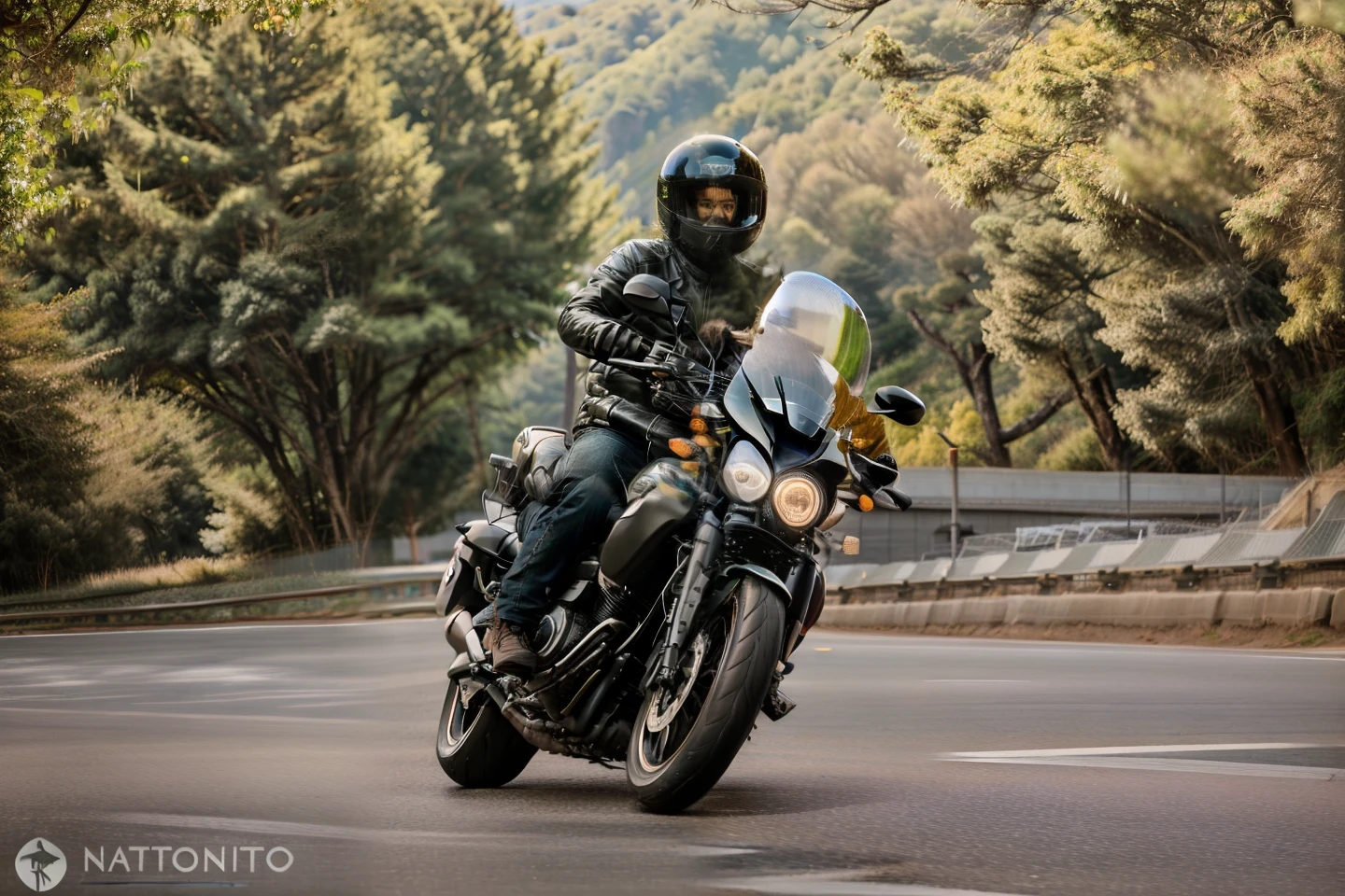 araffe riding a motorcycle on a road with trees in the background, riding a futuristic motorcycle, touring, riding a motorcycle, riding a motorbike down a street, 🤬 🤮 💕 🎀, easy go, dynamic!!, macoto takahashi, riding a motorbike, riding, wide angle dynamic action shot, crisp smooth lines, motorcycle, sitting on a motorcycle