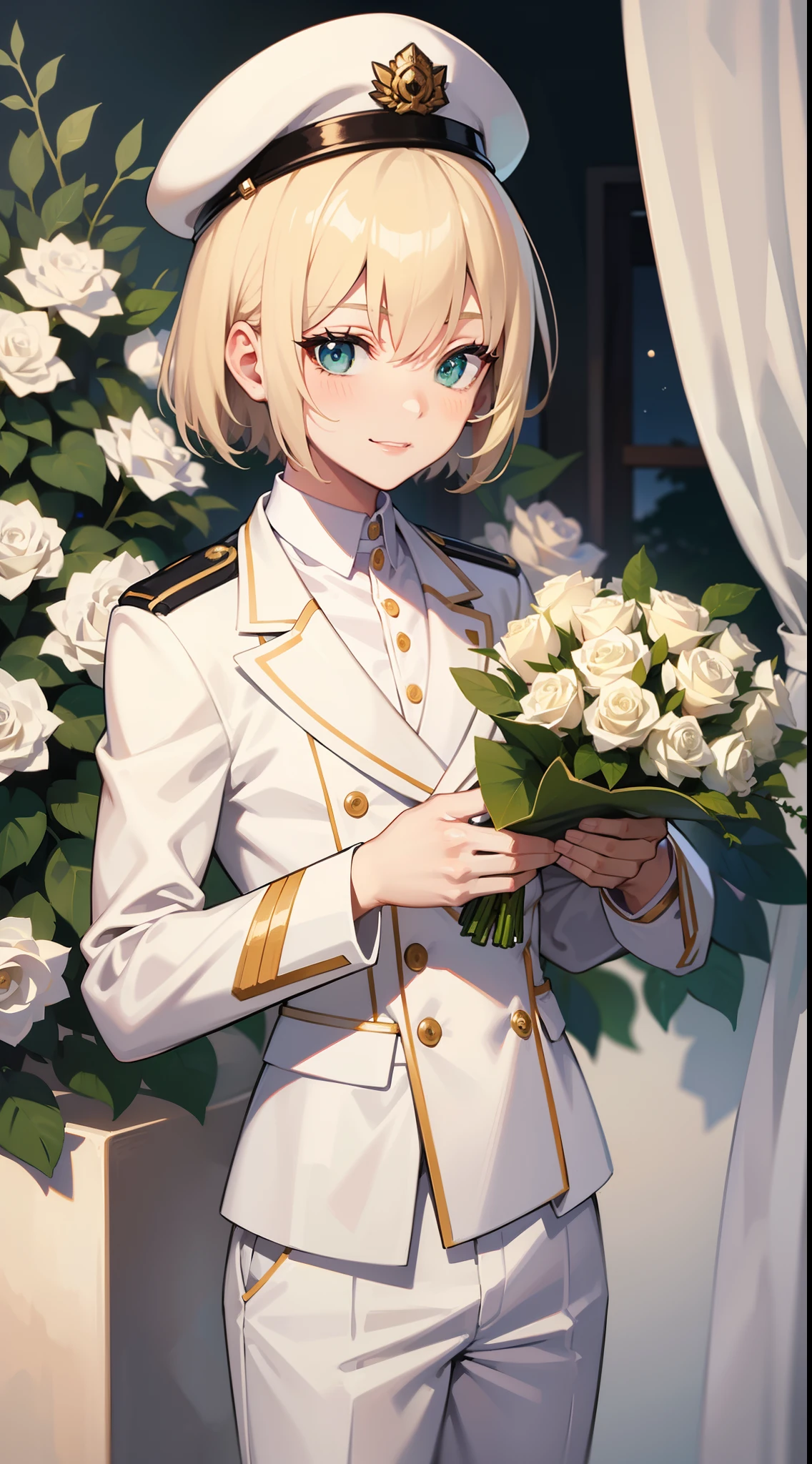 Young guy, short blonde hair with white strands, Green eyes, white officer's uniform, ssmile, White rose in hand, Crystal Rose, Masterpiece, hiquality