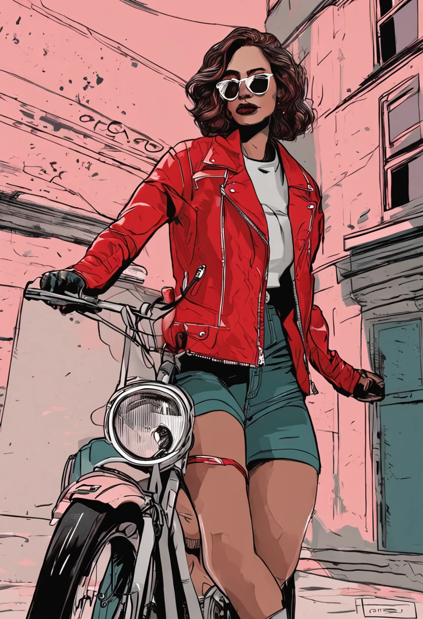 girl wearing red jacket in a big bike