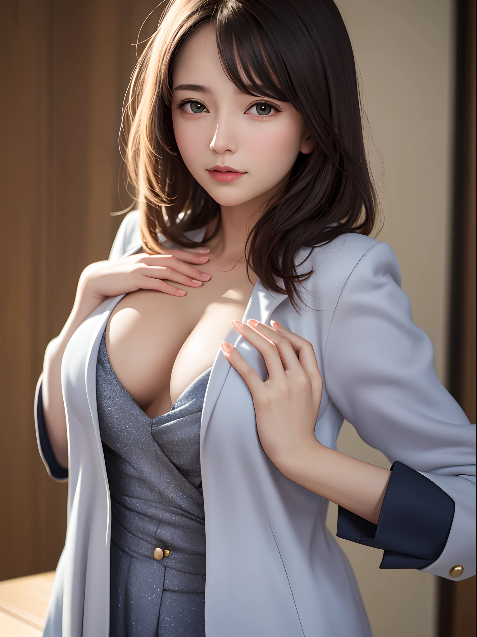 1girl, silk coat, hands on own breast, breast focus, Breast kneading
