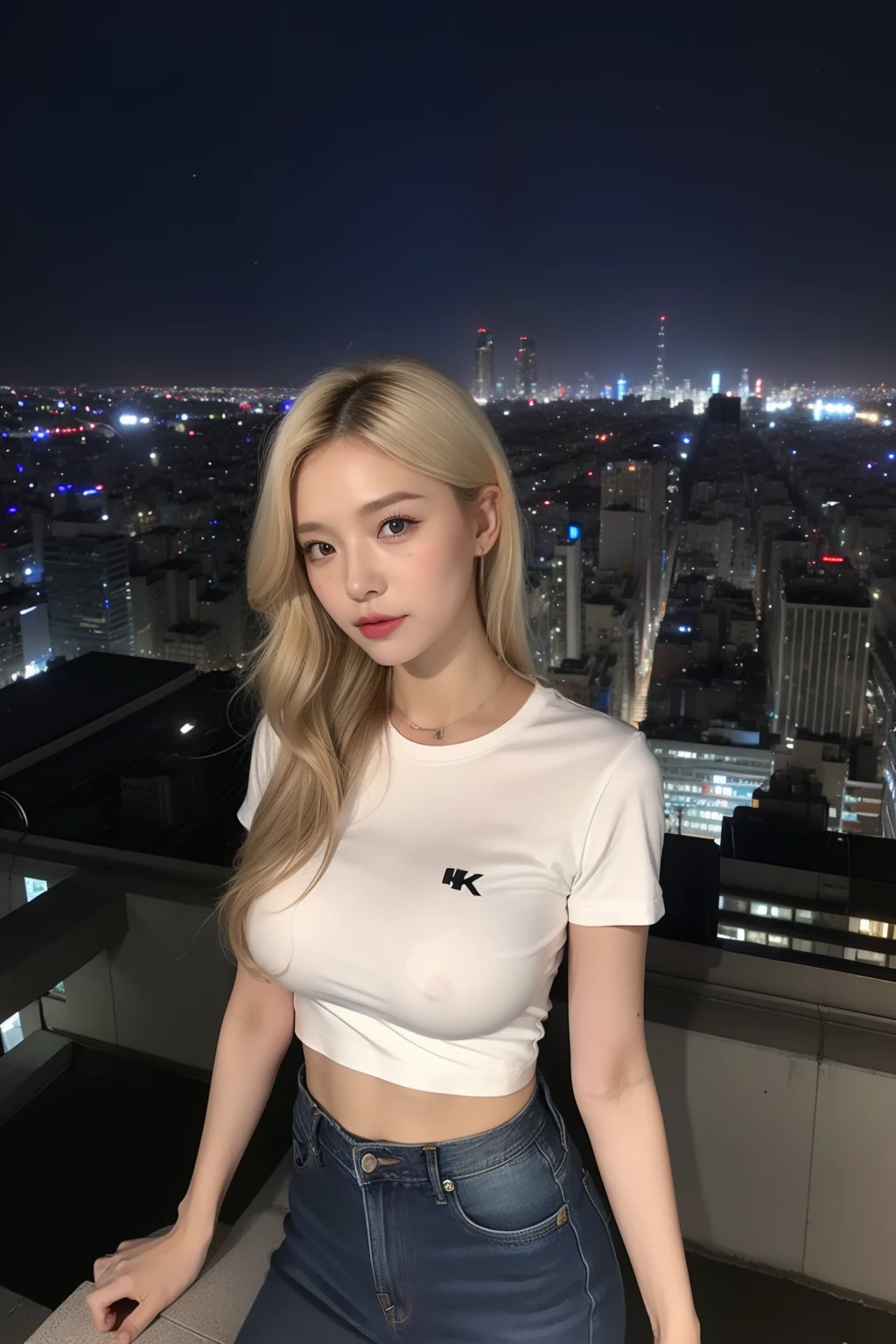 ((mid night、top-quality、8k、​masterpiece:1.3)), full bodyesbian, long legged, foco nítido:1.2, Beautiful woman with perfect body shape:1.4, ((a blond、huge tit:1.2)), (denim、tshirts、is standing:1.2), ((Night City View、On the rooftop:1.3)), Highly detailed facial and skin texture, A detailed eye, 二重まぶた