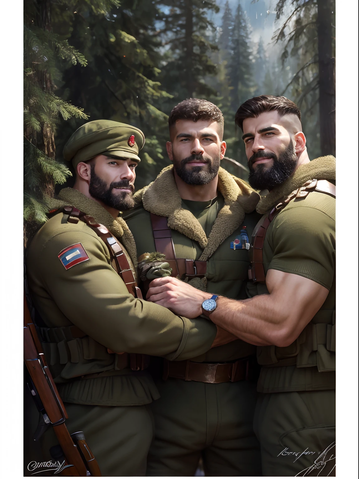 A three muscular Soviet Union soldiers on vacation, hairy body, alpha male, huge biceps, ripped abs, shaggy hair, pine forest background, snuggle together, threesome, smile, 4k, high detailed, beautiful, dark age, art by Stanley artgerm, by Daniel f gerhartz, by pino daeni, highly detailed, sharp focus.