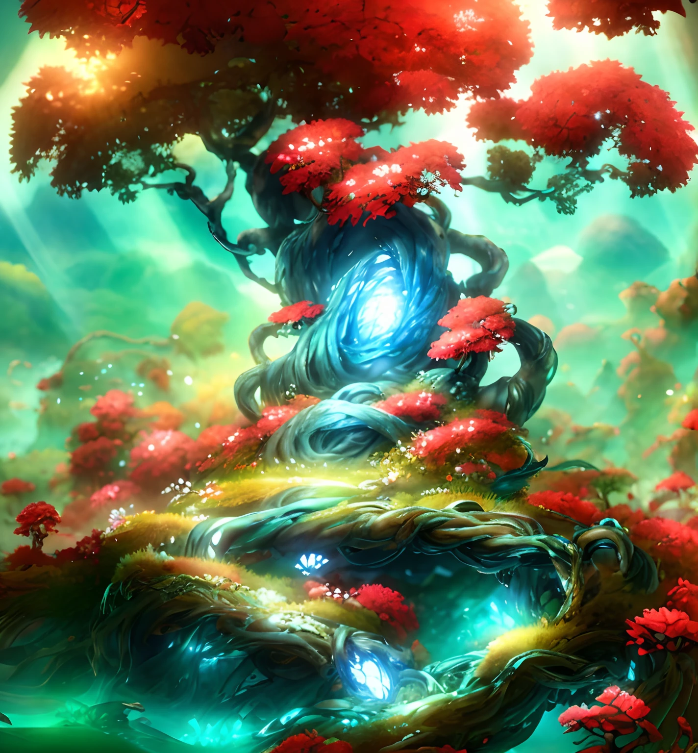 There is a tree on the top of the hill，The trunk is large, made of tree and fantasy valley, Magical tree, Fantasy Tree, Divine Realm Tree, World Tree,immortal, highly detailed fantasy art, fantasy magical vegetation, Aoba purple stem，Xuanhua Huangshi, swirling nature magic, age-old tree, There are immortals up and down