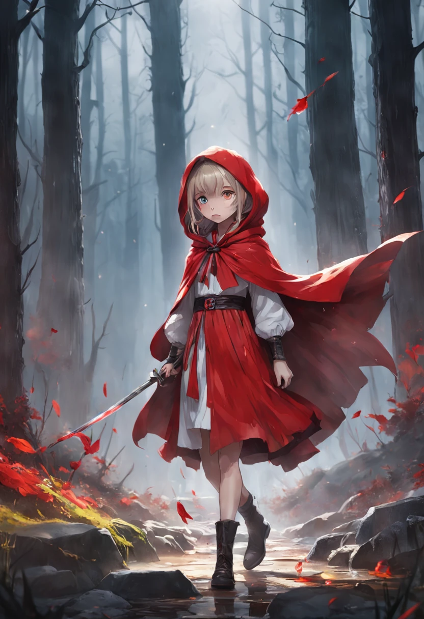 tmasterpiece,A high resolution,mistic:1.2)Beautiful Little Red Riding Hood,Little Red Riding Hood floated in the air with a cold expression。She looked twelve or thirteen years old,The complexion is pale,Tall and tall,Cold and glamorous,Full of wildness,Her hood、The shawls were as bright red as blood,Under her shawl,It is a linen power suit with a bundled body,It has a leather shoulder strap across the chest,Wear a python fur belt at the waist,Pedal deerskin boots。And the one that matches this outfit,It is a short sword and throwing knife with a cold light in his hand,An invisible force bloomed from within her,Form a force field of a perfect circle,The surface of the mud under its feet is semicircular and concave。Subtle makeup,prime time,realisticlying,hight contrast,8k HD,A detailed,hyper-detailing,realistic skin textures,Cover the red hood,best qualtiy,超A high resolution,RAW photogr,dramatic lighting,unreal-engine,diffused glow,Complex red hood,exteriors,Realistic detailed dark forest,falling leaf,light wind,(Take the slaughter wolf's head and drip blood)3D close-up of people,Full body portrait of the character,By using depth of field (DOF)、Super resolution and high megapixel rendering,Every element passes through cinematic lightning and anti-aliasing techniques(Such as FKAA、TXAA and RTX)true to life。SSAO was added in post-production and tone mapping(Screen Space Ambient Occlusion)and various post-processing effects,Take visual quality to a whole new level。By using depth of field (DOF)、Super resolution and high megapixel rendering,Every element passes through cinematic lightning and anti-aliasing techniques(Such as FKAA、TXAA and RTX)true to life。SSAO was added in post-production and tone mapping(Screen Space Ambient Occlusion)and various post-processing effects,Take visual quality to a whole new level --auto