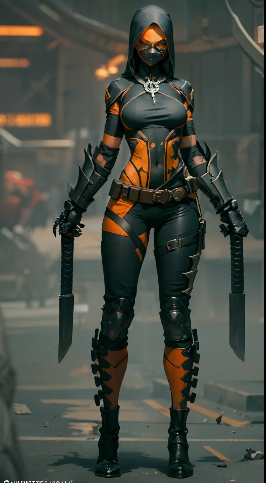 at the battlefield,Mercenary,There is a lot of war,smooggy,The people are plunged into an abyss of misery,Landslides and ground fissures,Sand,(realisticlying:1.2),(hentail realism),(tmasterpiece:1.2),(best qualtiy),(Hyper-detailing),(8K,4K,复杂),(full body shot shot:1),(85mm),Particle light,illuminating,(high detal:1.2),(Detailed face:1.2),largeeyes,beautiful goddess woman,putting makeup on,s the perfect face,Perfect lighting,1girll,DC Super Hero Movie,The female version of the death knell,(Death stroke),His real name is Slade Joseph Wilson,American DC Comics anti-heroine,tightsuit,Martin boots,Multifunctional belt,She carries two katanas on her back,One-eyed patch,Half-black mask,Ninja style,Orange-black clothes,Death glow,Serious look,Thin waist and thick hips,upper legs,Faust,huge boob,red pupils,Cyclops,(Knell set:1.2),Gravel background,Broken ground,Female death knell,Hands clenched into fists,(Details Mechanical metal skeleton),(No underwear),(finelydetailedskin:1.3),(nice hand),Detailed hands,detailed back ground, perfect eyes, Seductive eye, looking at viewert, From the front,cinematric light,edge lit,超高分辨率,Best shadow,delicated,octanerender,unreal-engine,Glaring ahead,